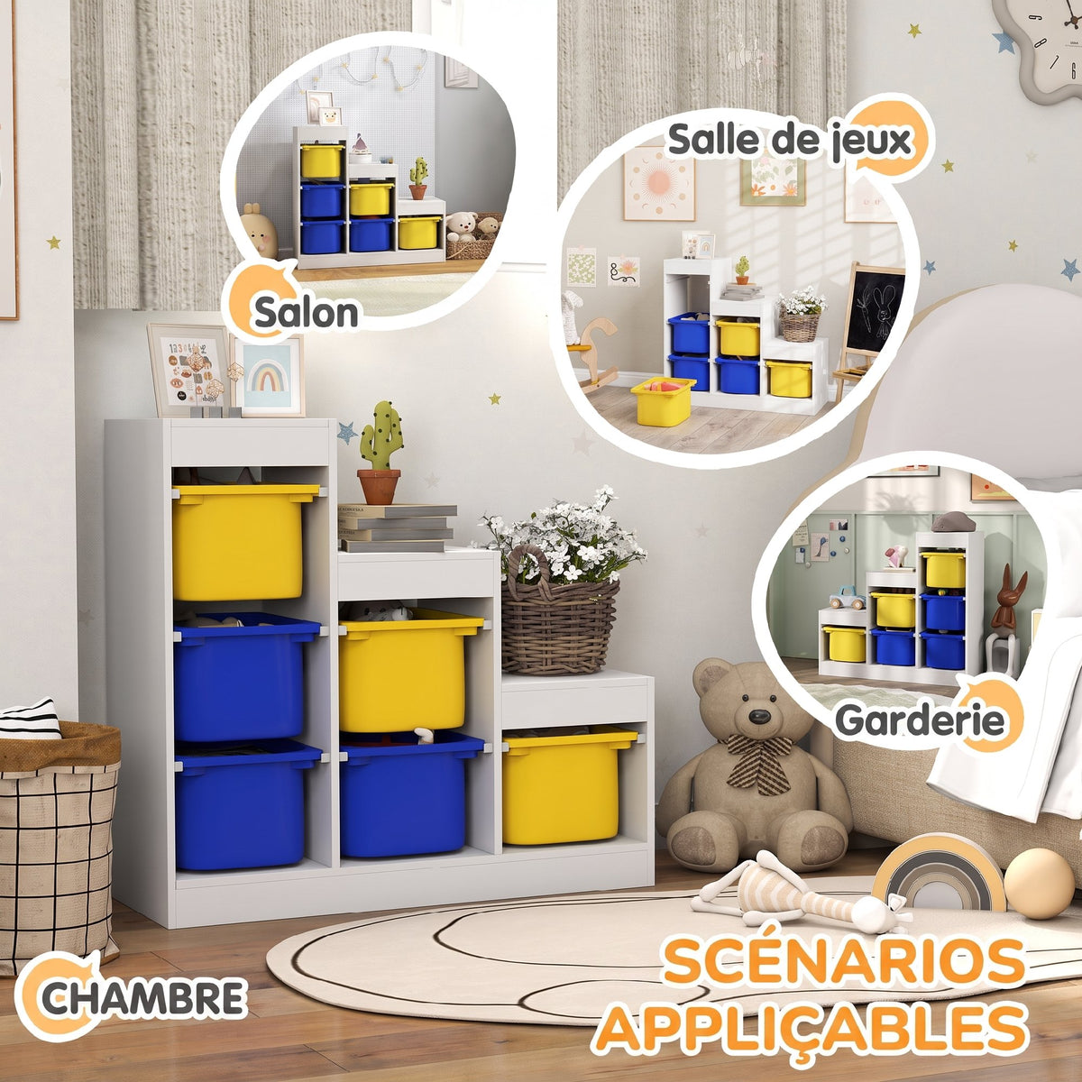 Meuble de rangement pour jouets des enfants avec 6 bacs amovibles, 3 niveaux de rangement, 96 x 38,5 x 90, multicolore
