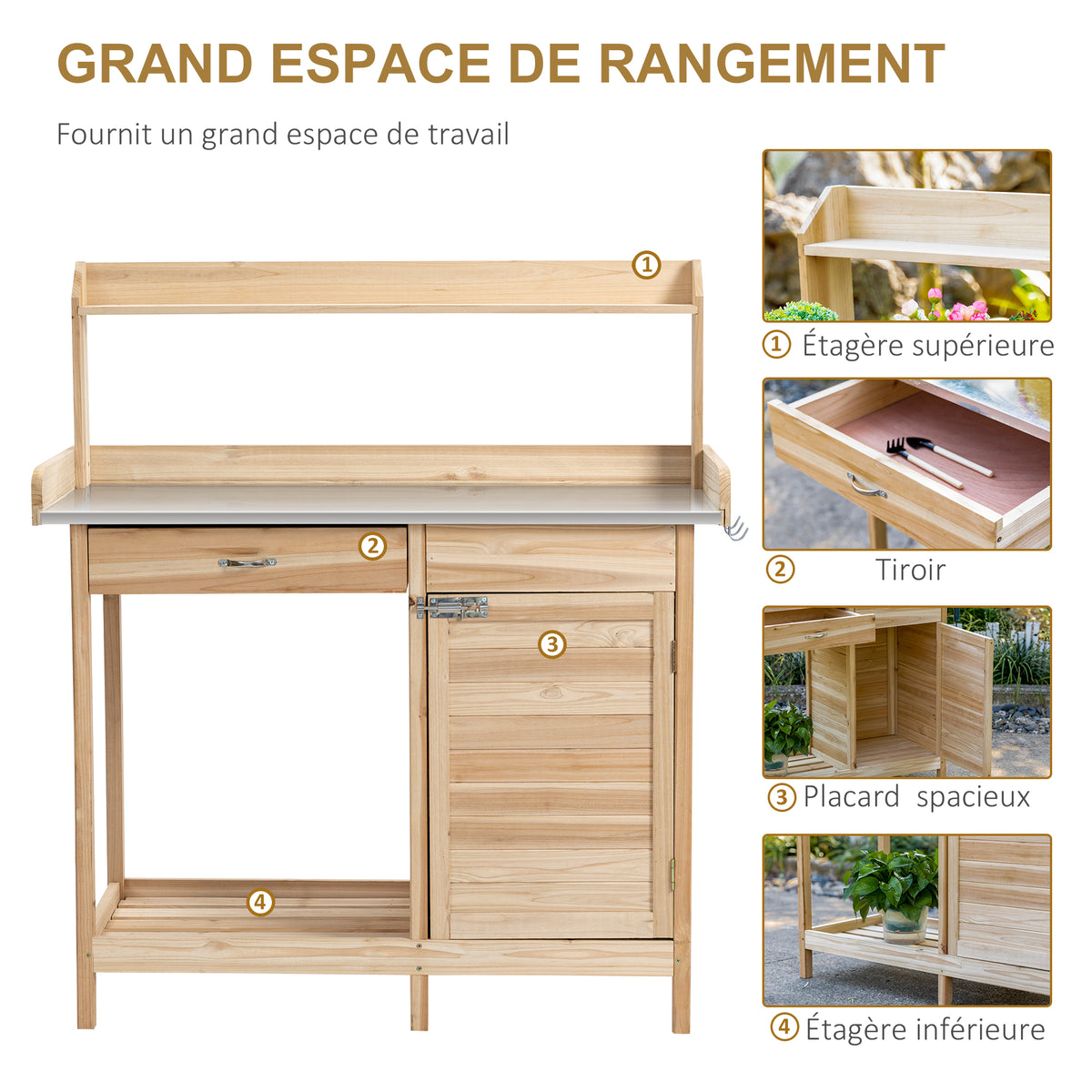 Table de rempotage table de jardinage avec 2 étagères, tiroir, placard, plateau tôle acier galvanisé avec