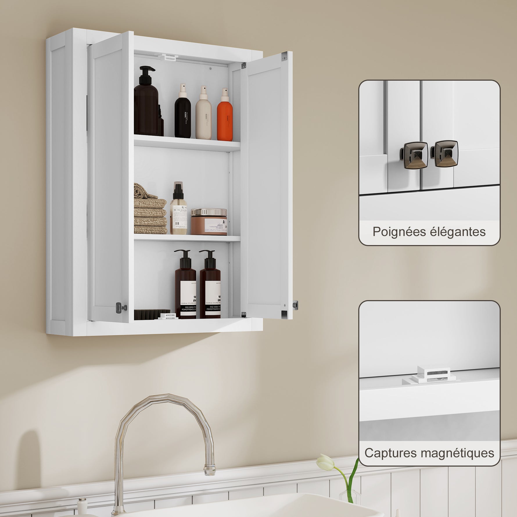Armoire murale de salle de bain 3 niveaux, meuble de rangement suspendu  2 portes étagère réglable 61 x 20 x 84 cm blanc
