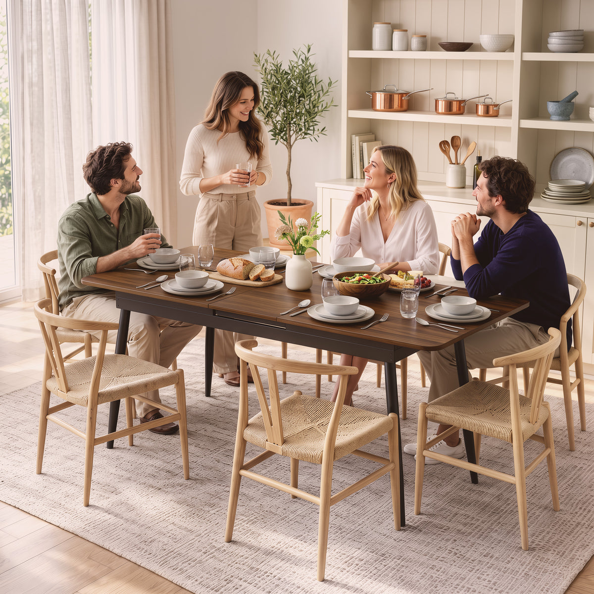 Tavolo da Pranzo Rettangolare Allungabile per 4-6 Persone, Tavolo da Cucina 130-160 cm con Angoli Arrotondati, Noce Chiaro
