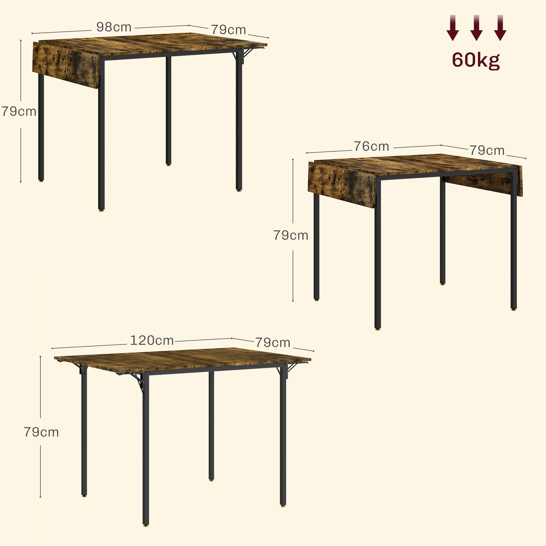 Table de salle à manger avec 2 rabats style industriel, extensible, table à abattant pour 2-4 personnes