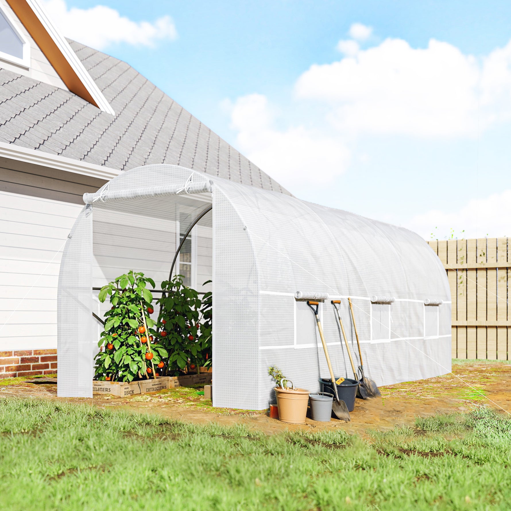 Serre tunnel de jardin 9m², serre de jardin tunnel avec porte et 6 fenêtres, bâche PE 140 g/m² 445 x 200 x 200 cm blanc