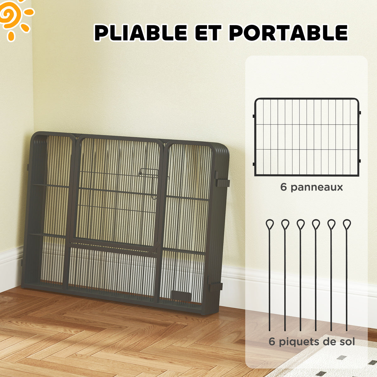 Dog playpen, 6-panel modular and foldable dog enclosure, portable steel with door 80 x 60 gray