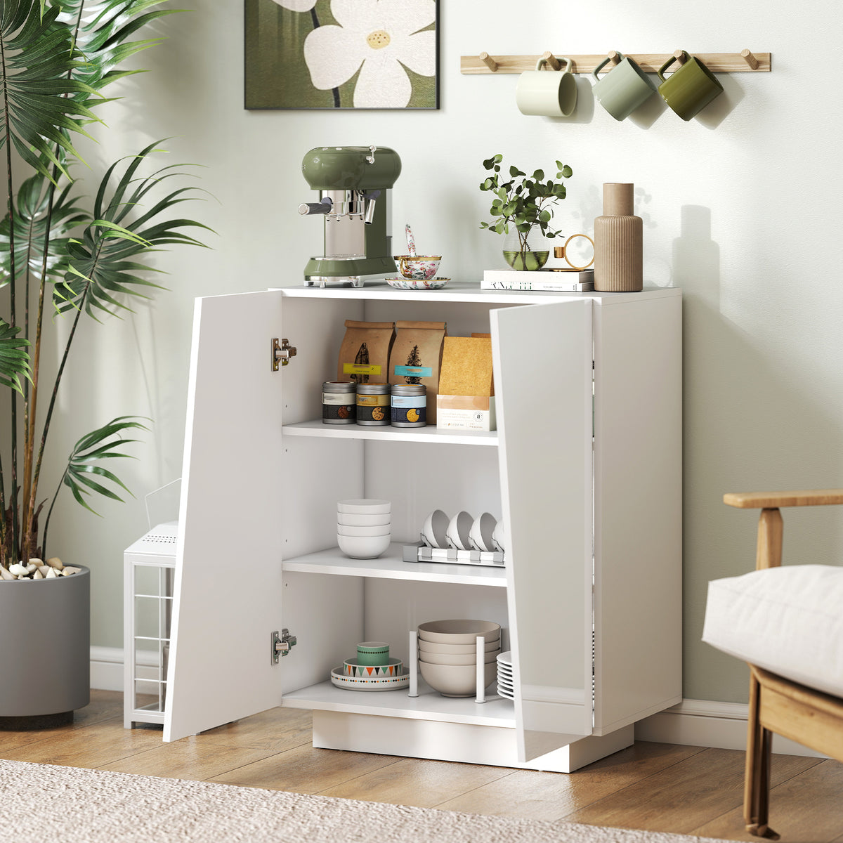 Buffet meuble de rangement avec placard double porte et étagère réglable, 70 x 40 x 88 cm, blanc brillant