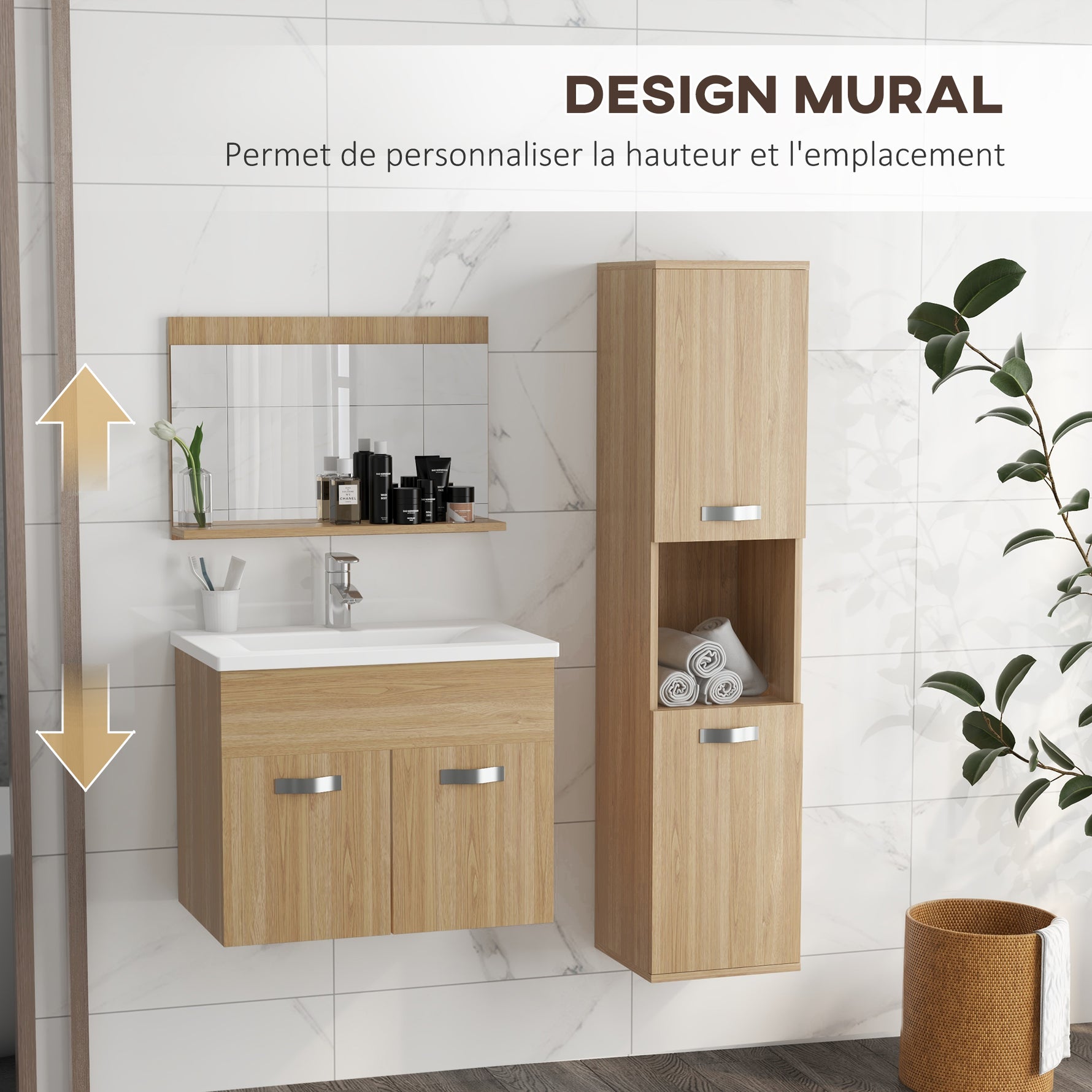 Ensemble de Meubles de Salle de Bain 4 Pièces, Mural, avec Miroir, Meuble sous Vasque, Lavabo et Armoire Haute, Naturel