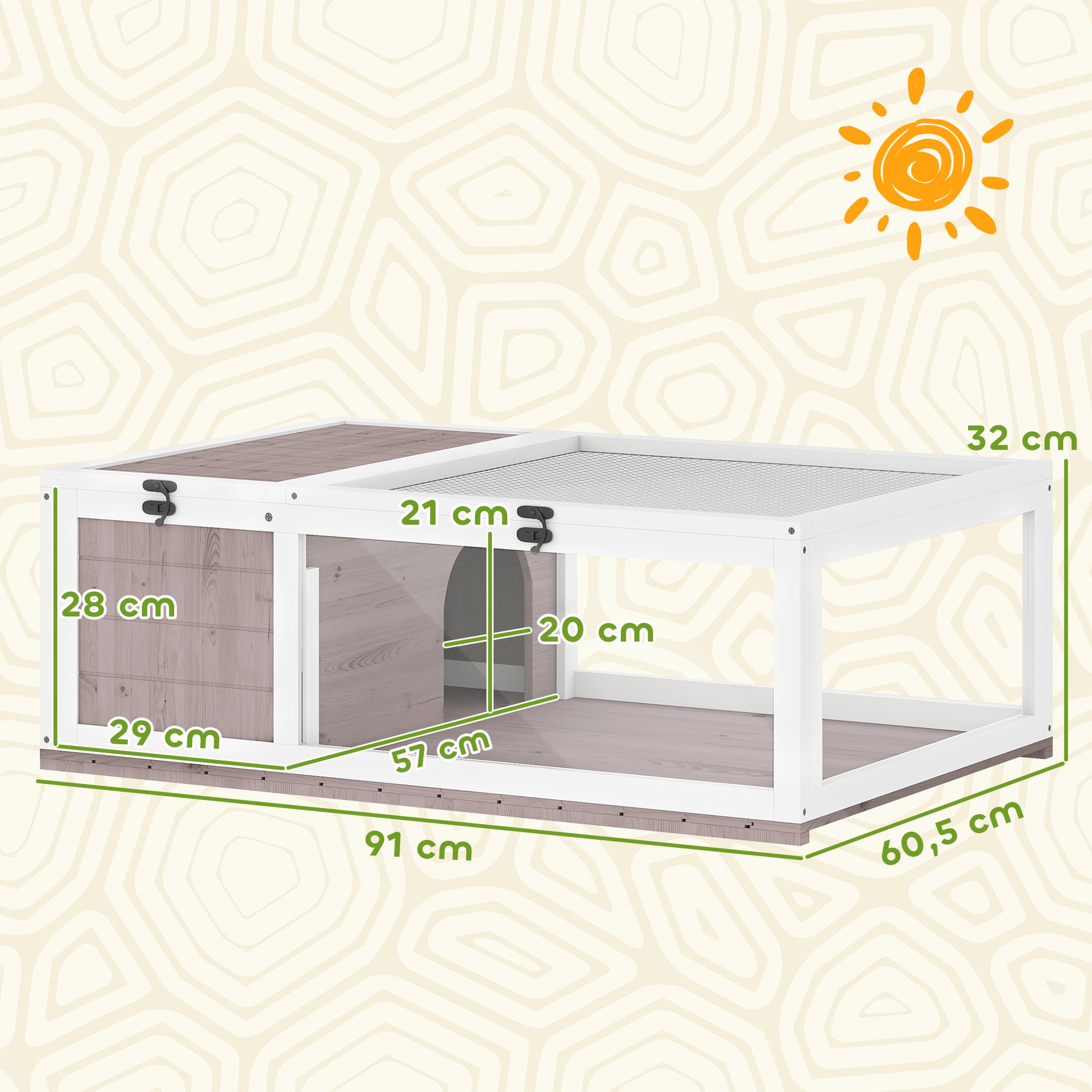 Maison enclos cage habitat pour petit animal tortues avec 2 espaces 91 x 60,5 x 32 cm bois massif marron clair