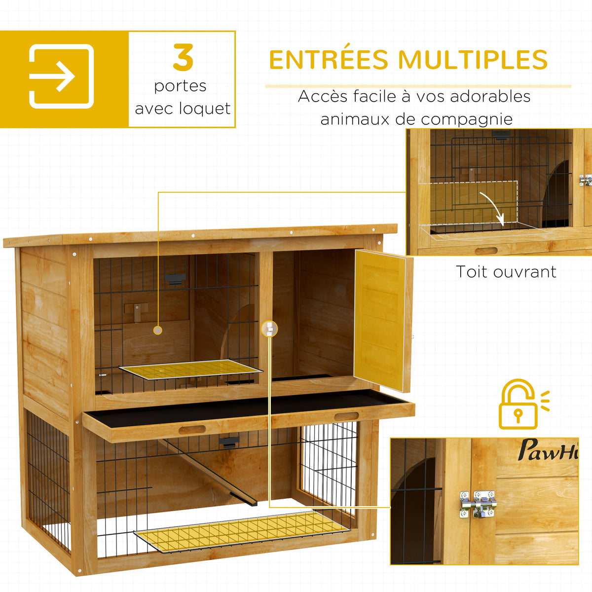 Clapier à lapin en bois 2 étages avec 3 portes plateau coulissant rampe toit bitumé 85 x 50 x 80 cm jaune