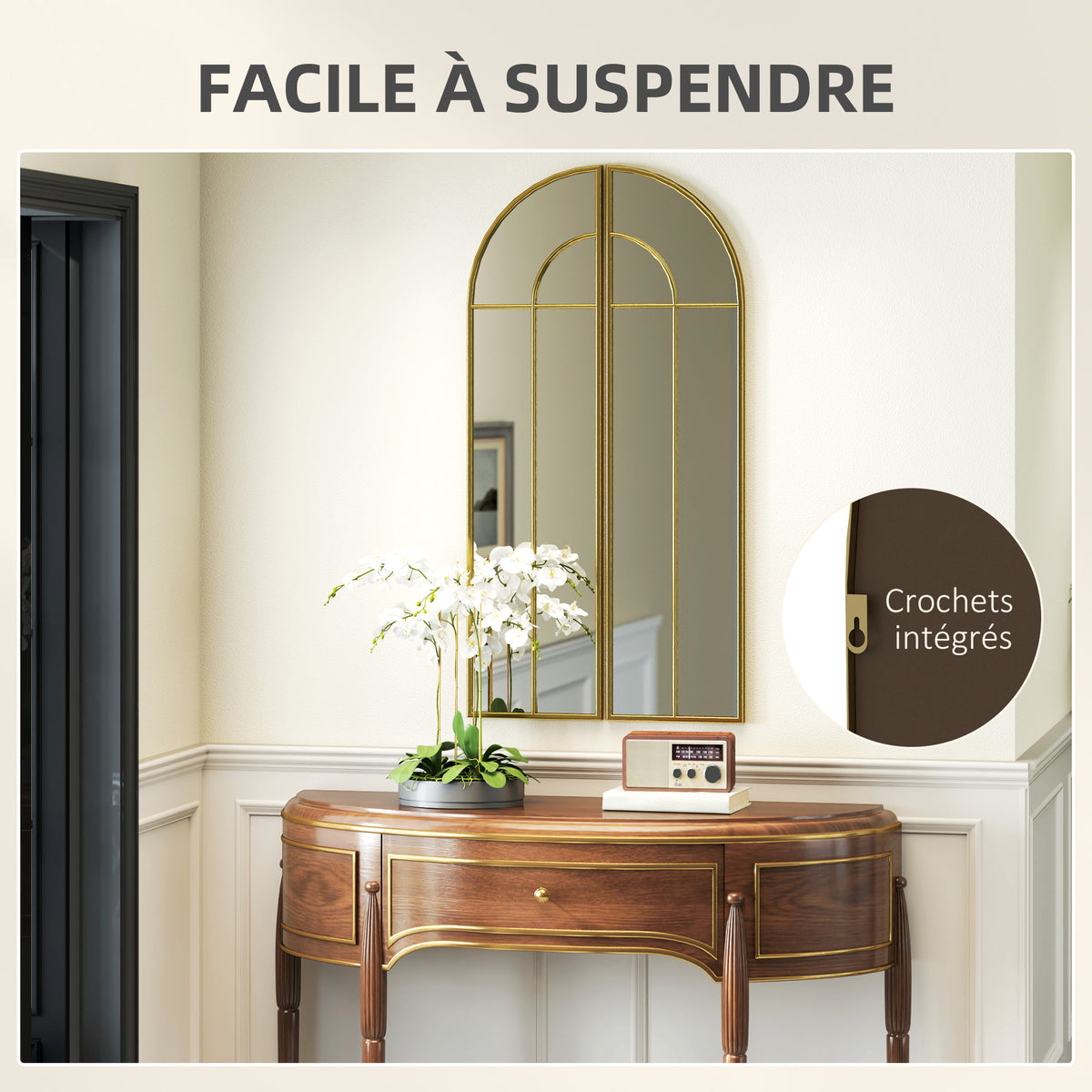 Miroir mural arc 30 x 120 cm, grand miroir décoratif avec cadre métallique, pour salon, chambre, couloir, ton doré