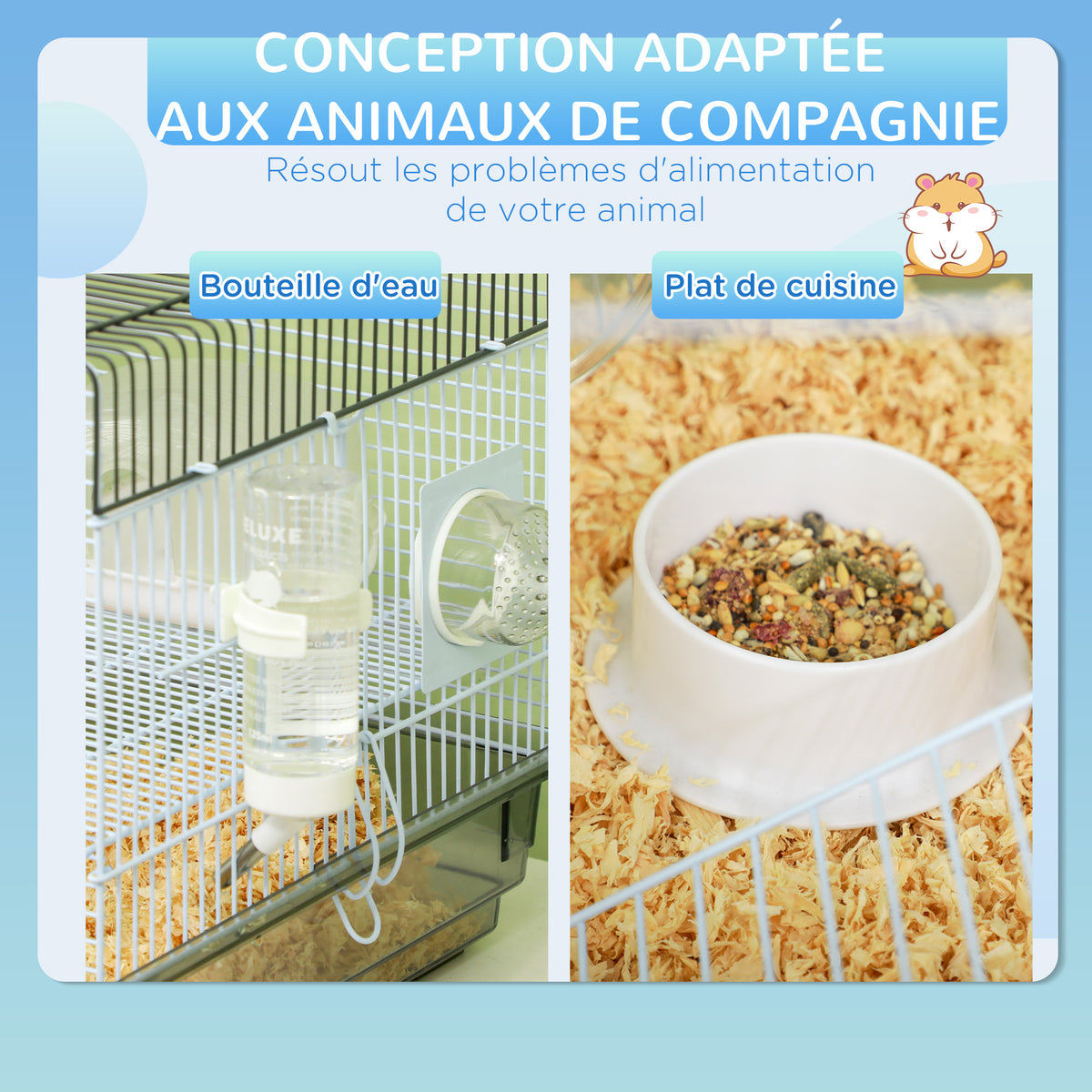 Cage hamster cage rongeur avec tunnel et accessoires inclus fil d'acier 58 x 32 x 31 cm gris