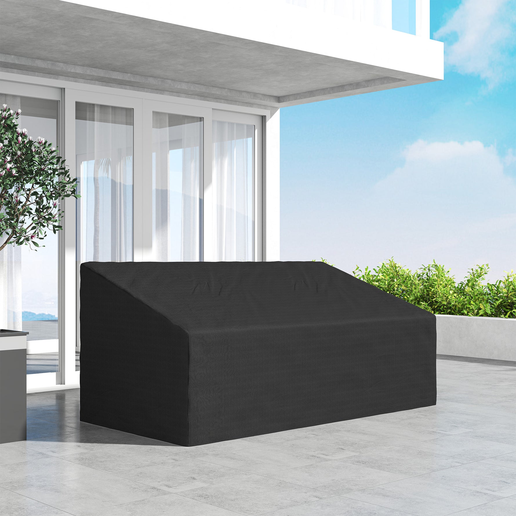 Housse de canapé exterieur imperméable 3 places, housse de banc de jardin 600D tissu oxford, 218 x 111 x 63/101 cm, noir