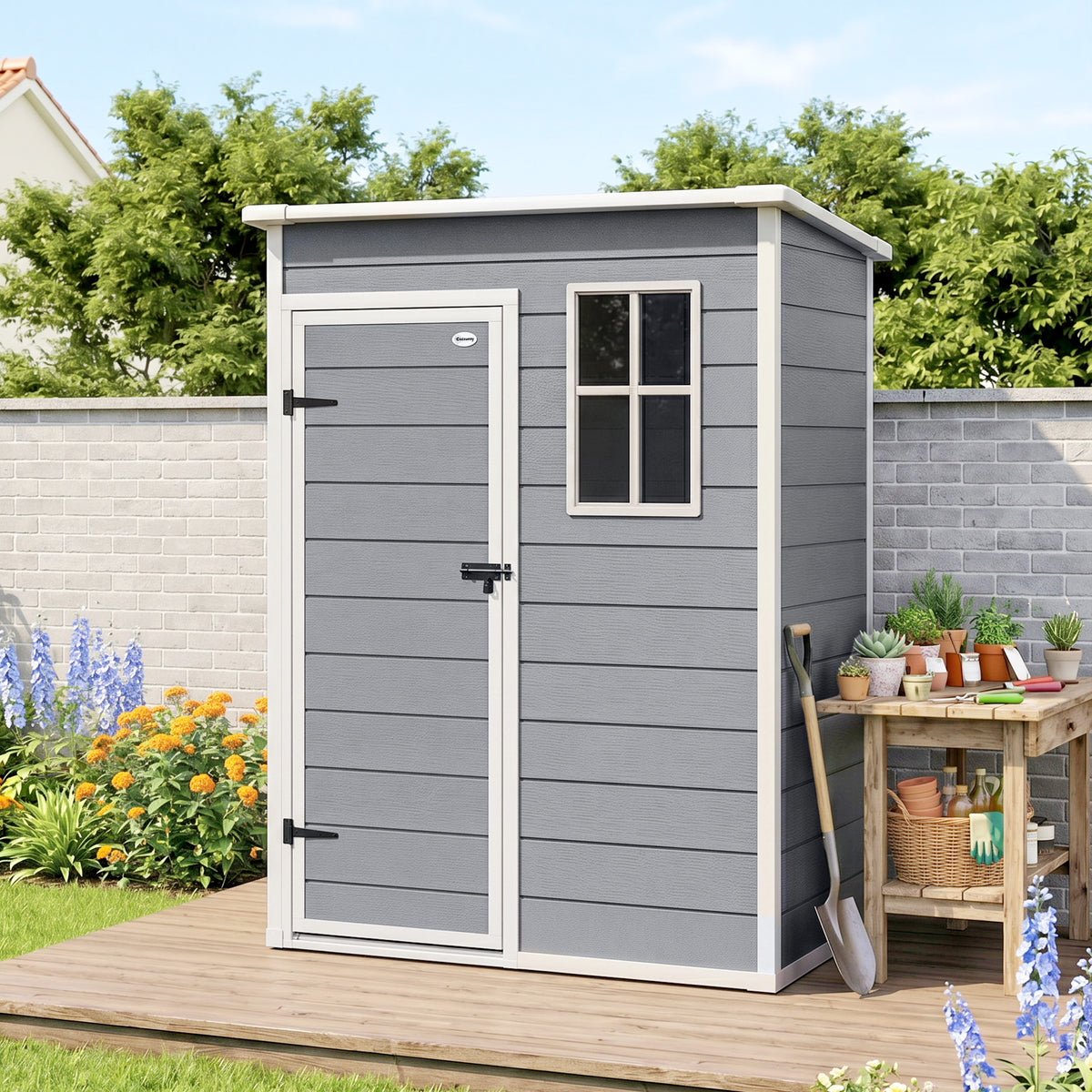 Abri de jardin 1,14 m² pour outils - porte verrouillable, aération et fenêtre - dim. 151L x 92l x 193H cm  - plastique, gris
