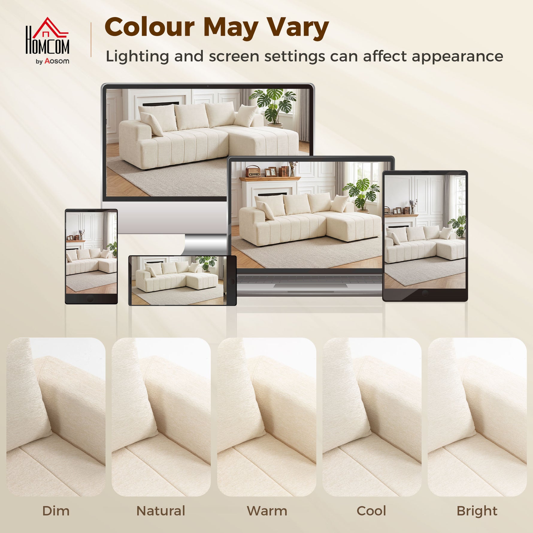 Canapé d'angle 256 cm avec méridienne, canapé-lit 3 places en chenille forme de L, assise et accoudoirs larges, beige