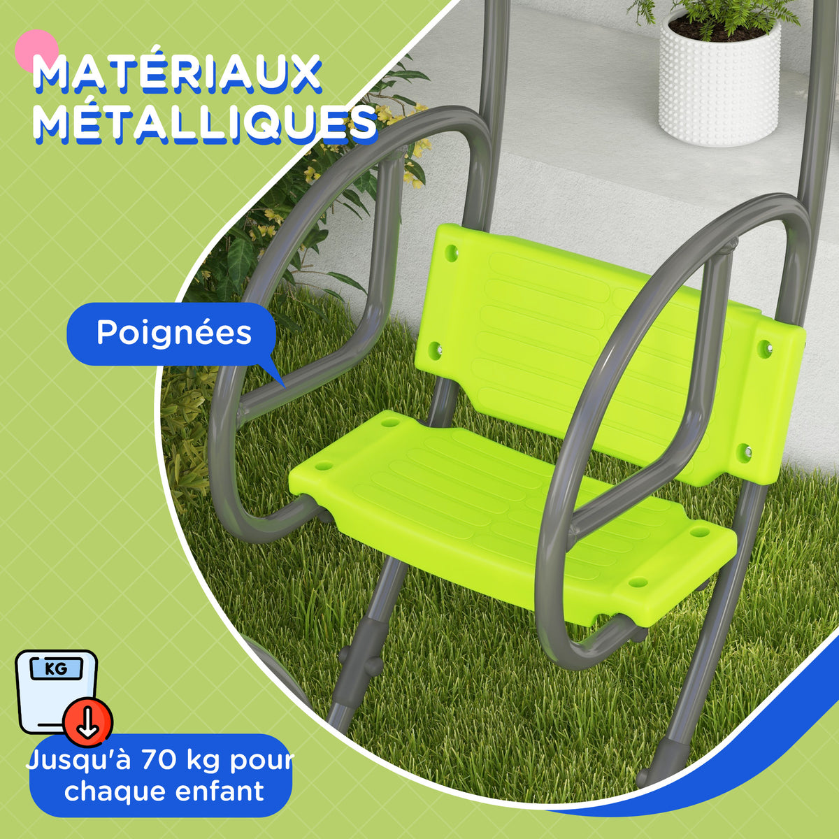 Balançoire pour enfants structure en métal avec poignée pour 2 enfants de 3 à 6 ans 110,5 x 40,5 x 180 cm vert