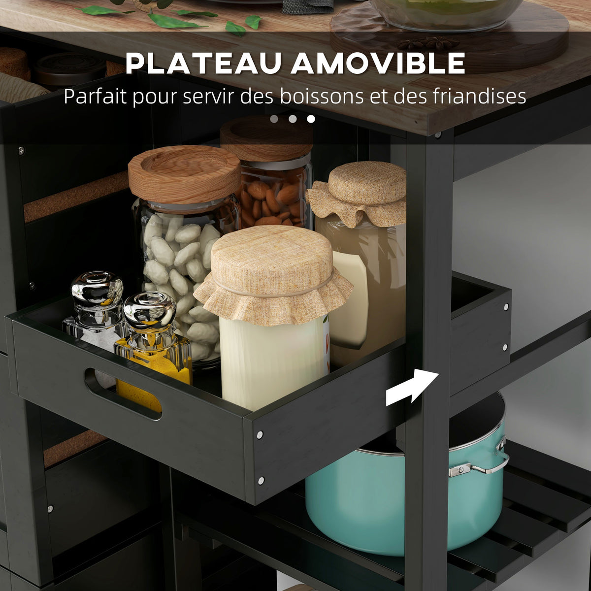 Chariot desserte de cuisine à roulettes plan de travail en bois 3 tiroirs et 1 plateau amovible 67 x 37 x 85,5 cm noir