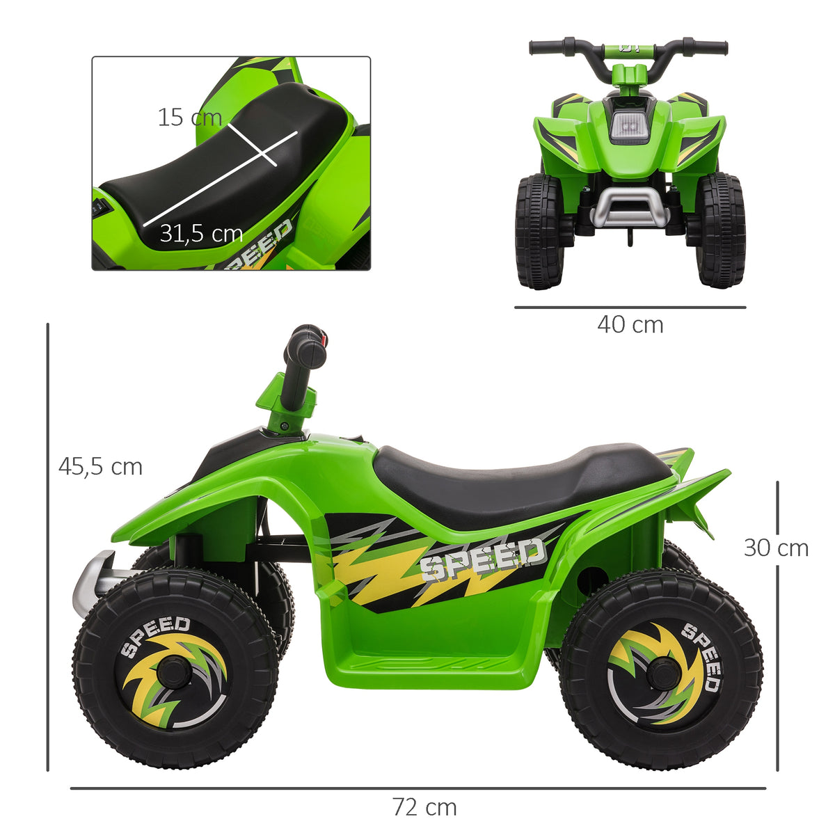 Quad électrique pour enfants 18-36 mois véhicule à batterie 6V avec marche avant et arrière 72 x 40 x 45,5 cm vert