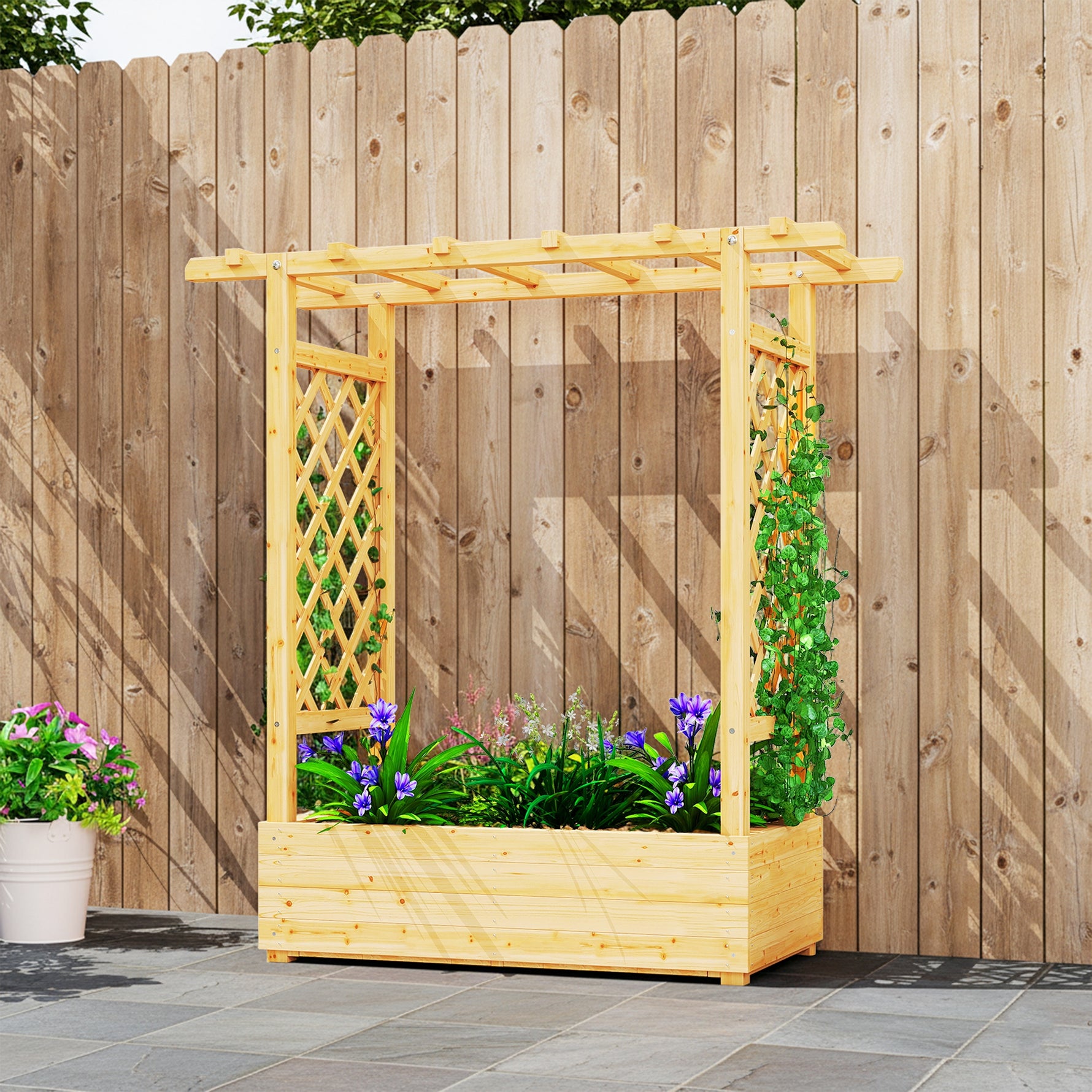 Jardinière surélevée avec treillis latéral et supérieur, bac à fleurs trous de drainage, 110x44x113cm, bois naturel