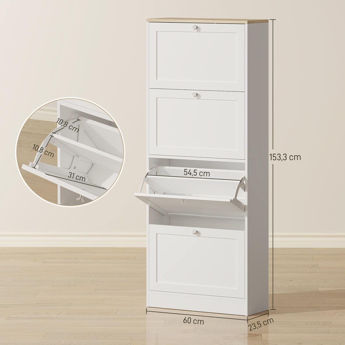 Meuble à chaussures 24 paires, armoire à chaussures avec 4 tiroirs rabattables, étagères réglables, 60x23,5x153cm, blanc