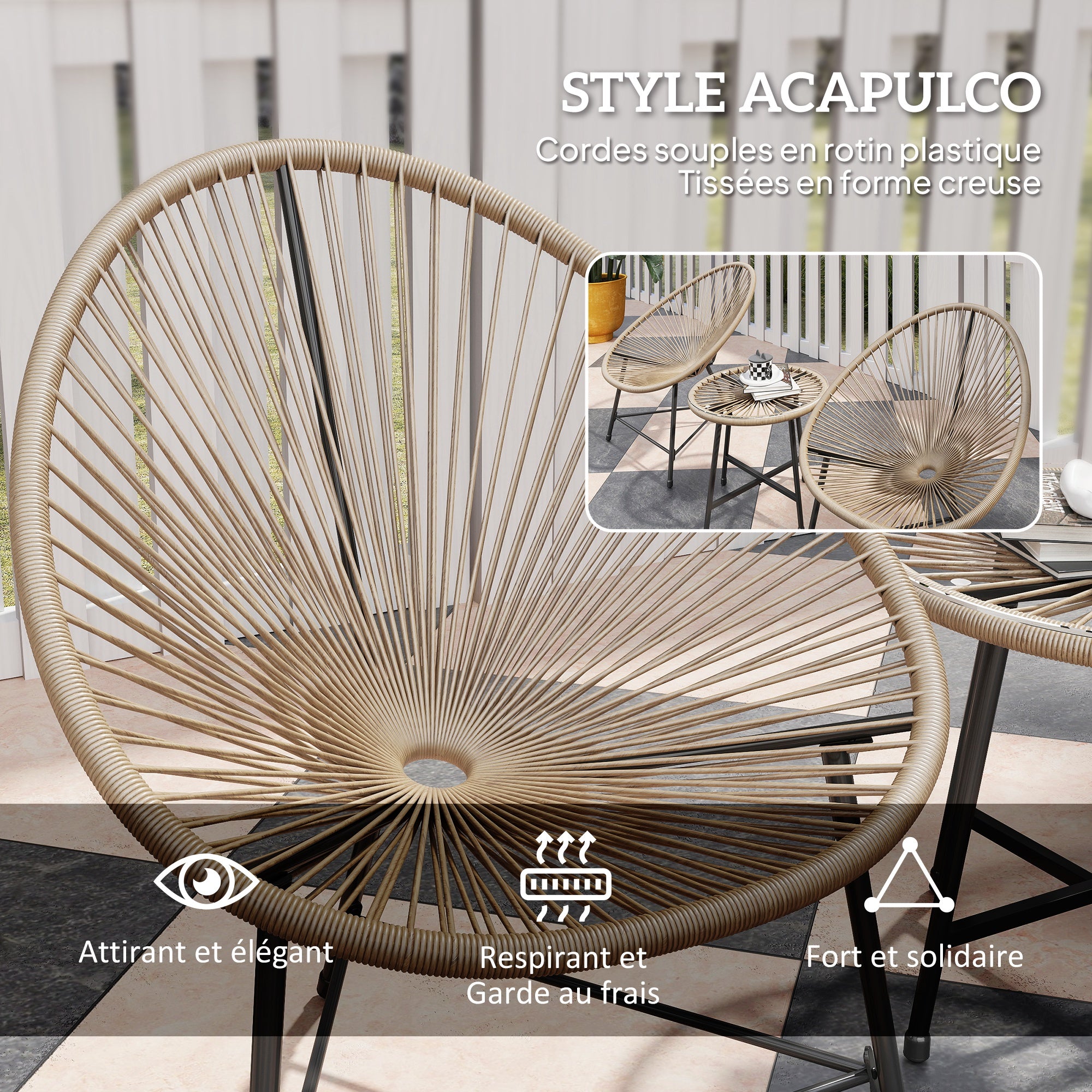 Salon de jardin extérieur en résine tressée 2 personnes, plateau en verre trempé, pour balcon terrasse patio, naturel