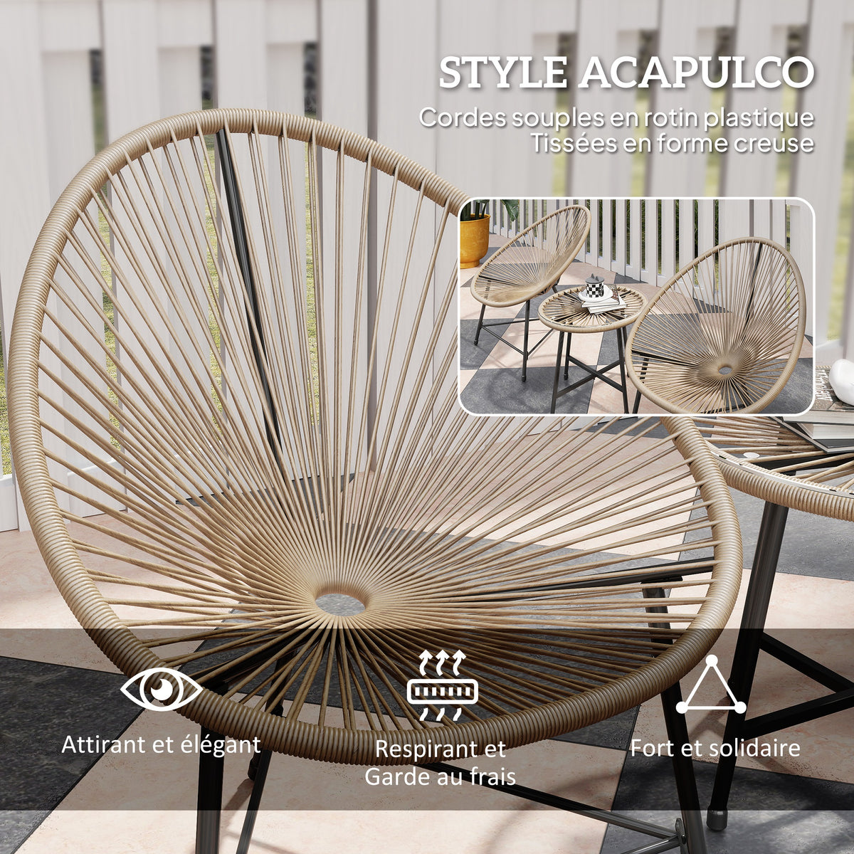 Set de jardín exterior de ratán sintético para 2 personas, tablero de vidrio templado, para balcón, terraza o patio, natural