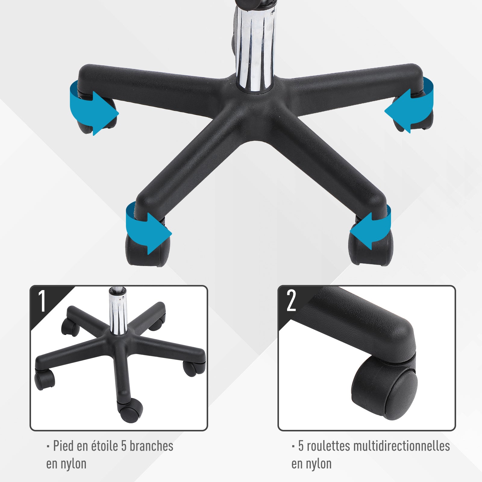 Tabouret massage a roulettes reglable en hauteur pivotant avec dossier ergonomique noir