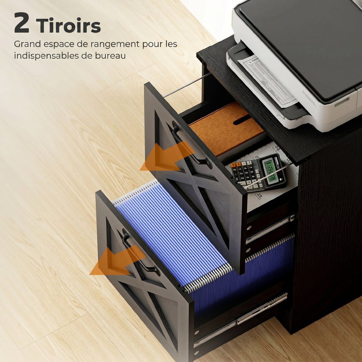 Cajonera de Oficina con 2 Cajones, Archivos Colgantes para Formatos Carta/A4, Estilo Rústico, 40x40x71cm, Negro
