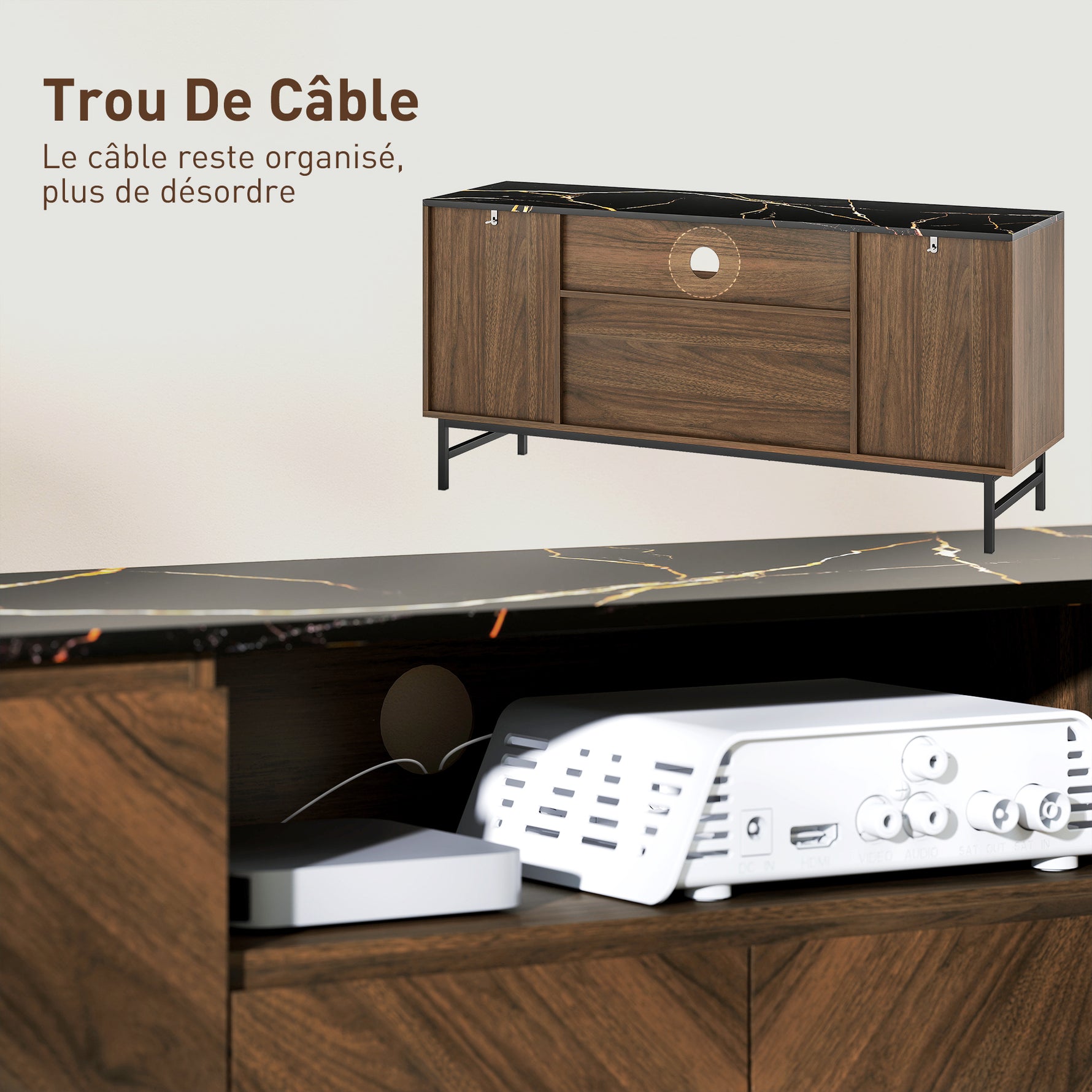 Meuble TV jusqu'à 65 pouces meuble télé bois avec compartiment ouvert et passe-câbles, effet marbre, 140x39x66cm, noyer