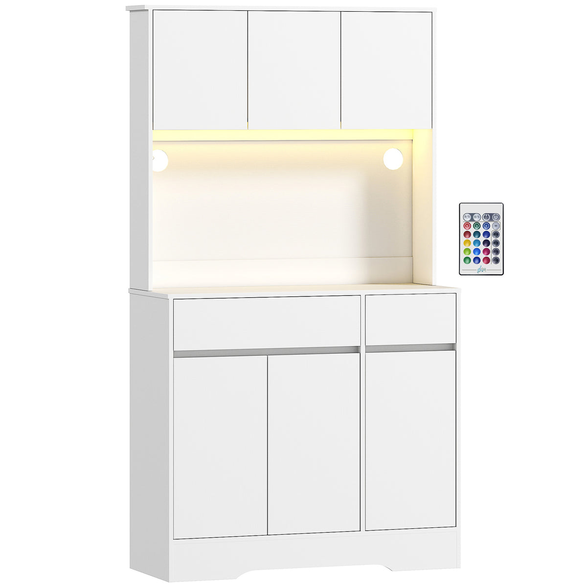 Buffet cuisine meuble cuisine rangement haut avec lumière LED RGB, plan de travail, 6 portes, 2 tiroirs, blanc