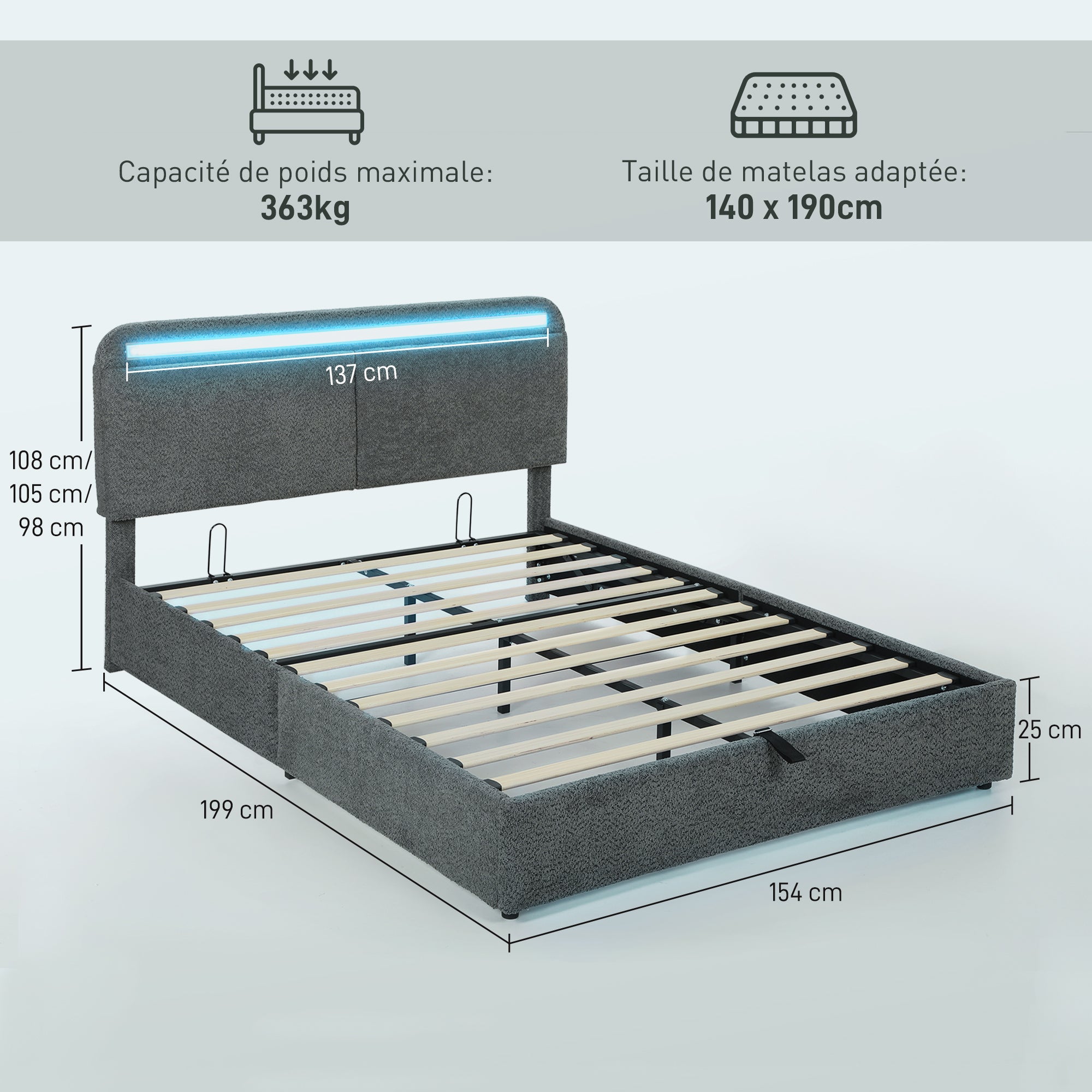 Bett mit Bettkasten 140 x 190 cm mit LED-Beleuchtung, verstellbares Kopfteil, Doppelbettrahmen, Holzlattenrost, grau