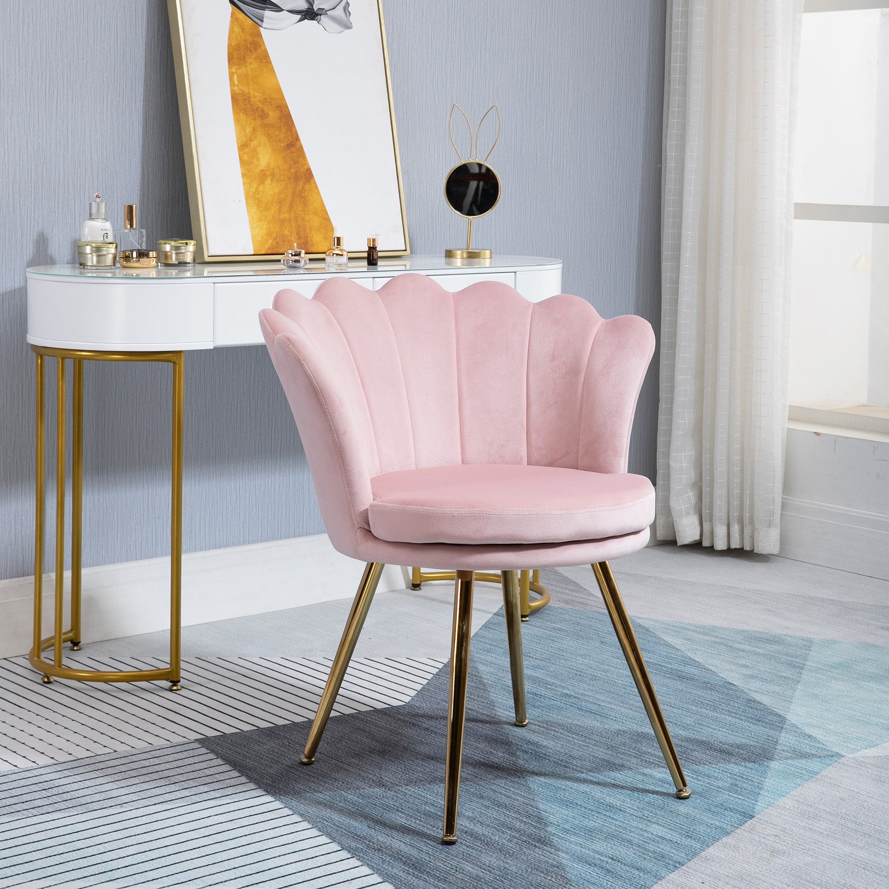 Fauteuil coquillage chaise coiffeuse fauteuil en velours avec pieds en métal doré rose poudré