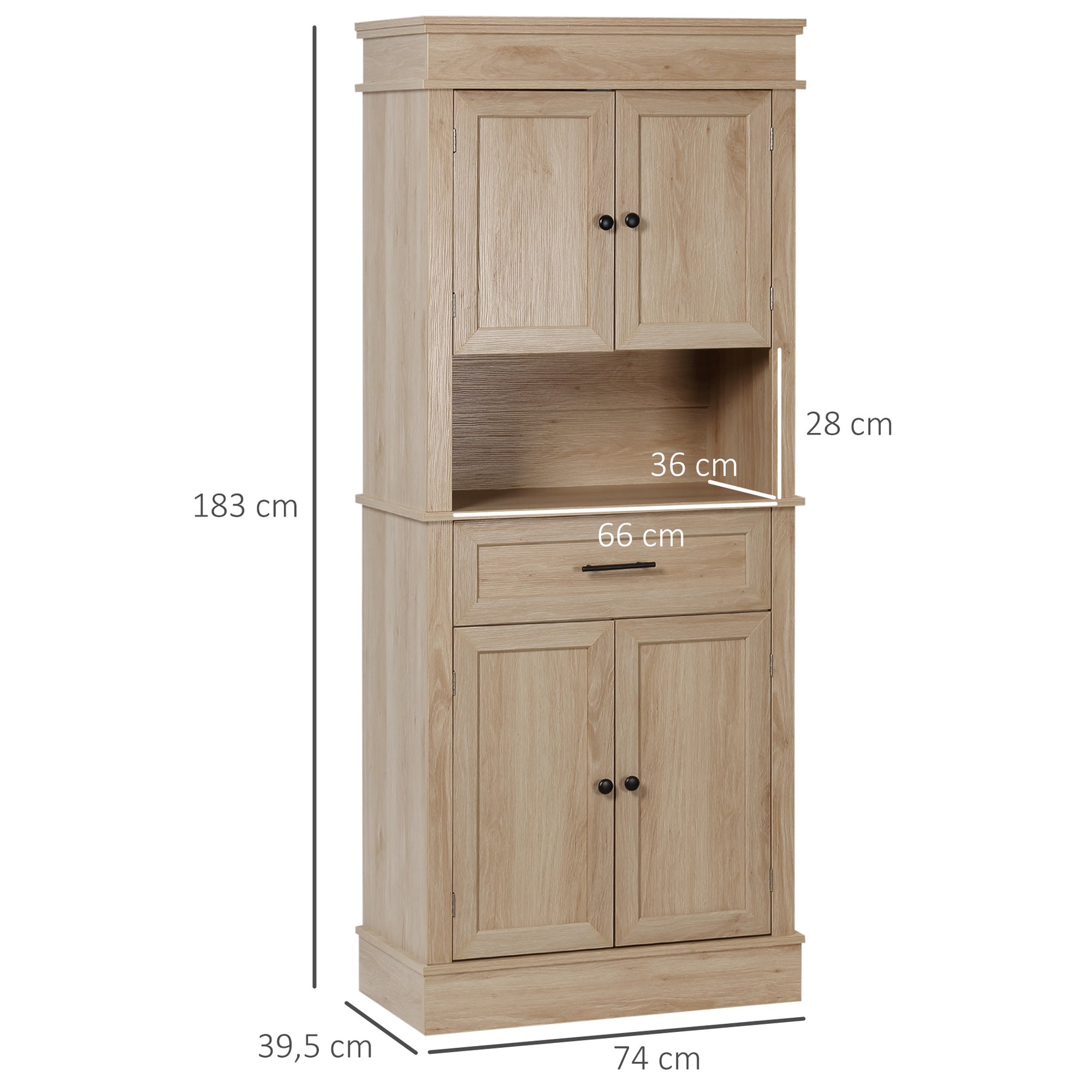 Armoire de cuisine buffet cuisine vaisselier meuble de rangement style moderne avec placards, étagères réglables, tiroir, et niche, pour salle à manger, salon, 74 x 39,5 x 183 cm, chêne clair