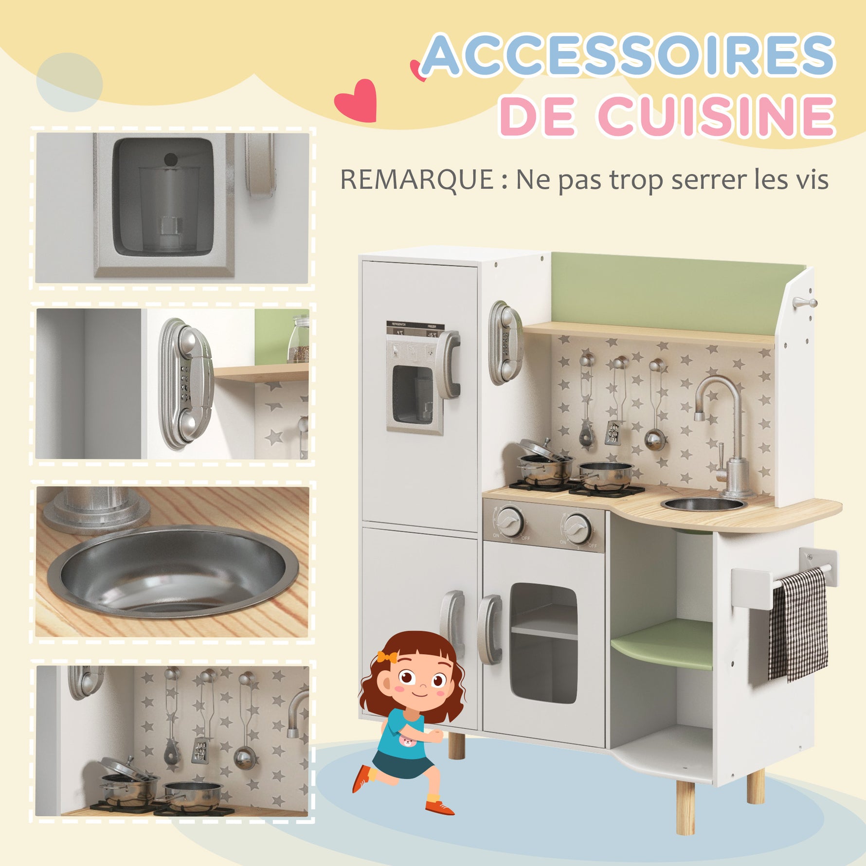 Cuisine enfant 3-8 ans jeu d'imitation avec machine à glaçons, évier mobile en acier inoxydable 84 x 34 x 89 cm blanc