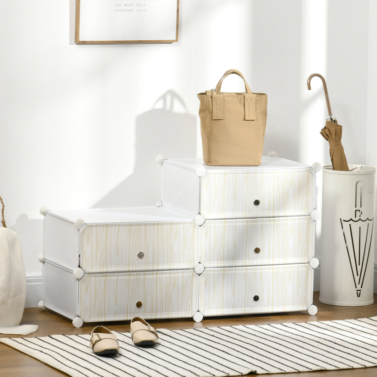 Armoire à chaussures modulable, meuble de rangement avec 6 cubes empilable en plastique, 49 x 36,5 x 108 cm blanc