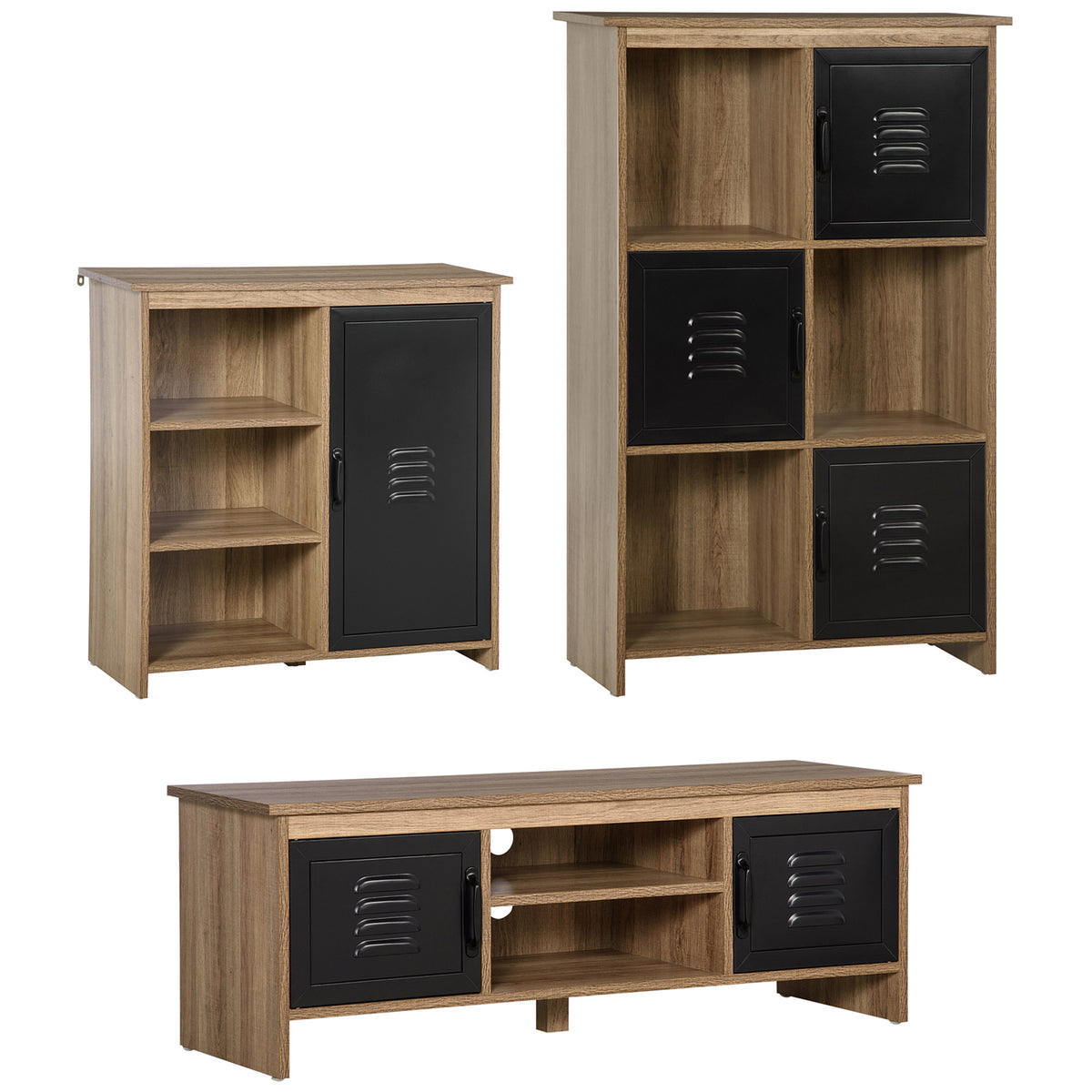 Ensemble Buffet Bibliothèque et Meuble TV Industriel 2 Passe-Fils Multi-rangement Aspect Bois veinage Portes métal Noir