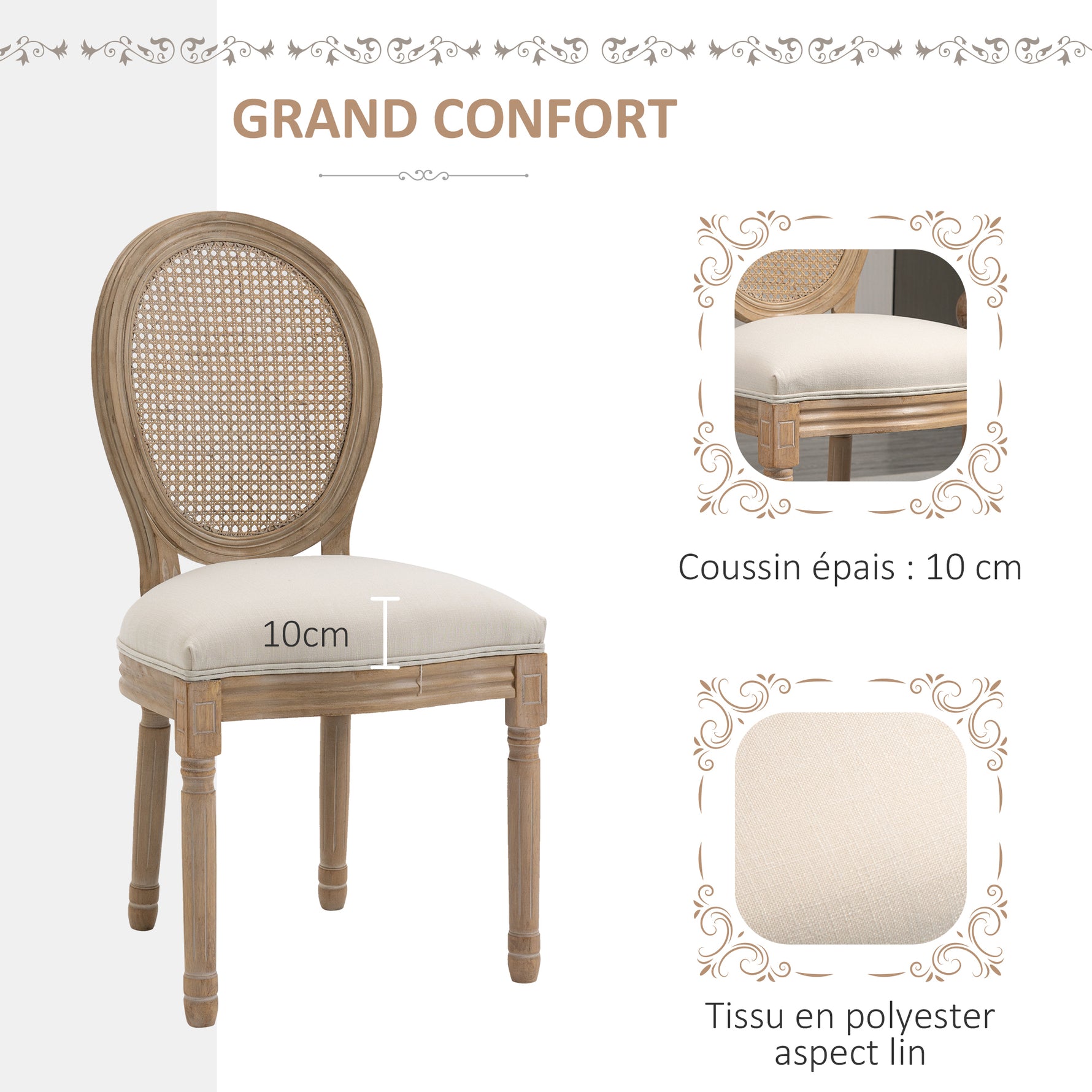 Lot de 4 chaises de Salle à Manger - Chaise de Salon médaillon Style Louis XVI - Bois Massif sculpté, patiné