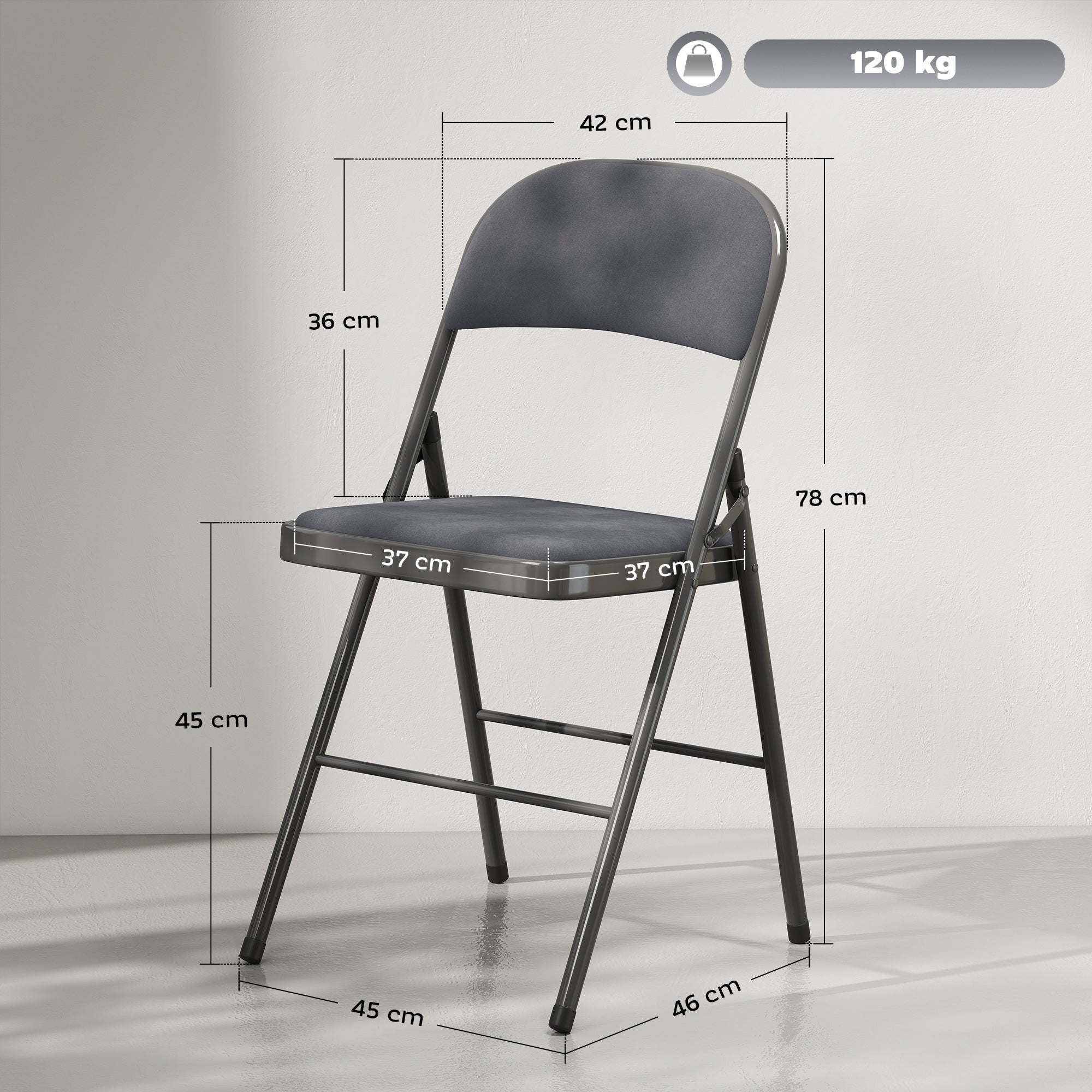 Lot de 4 chaises pliantes et portables intérieur avec assises et dossiers rembourrés en velours, cadre en acier, gris foncé