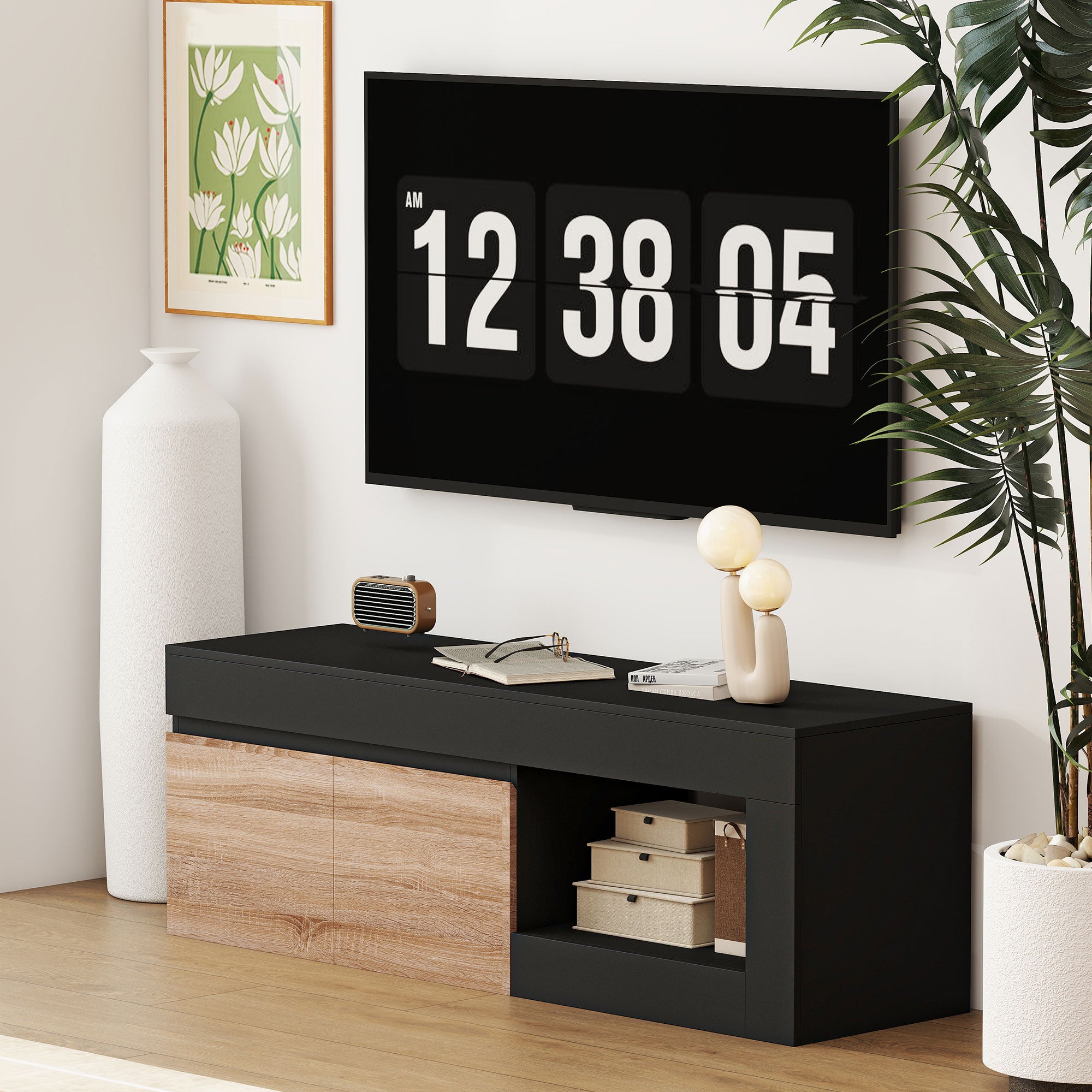 Meuble TV 2 portes pour téléviseurs jusqu'à 60 pouces, meuble télé avec placard et étagère ouverte, noir