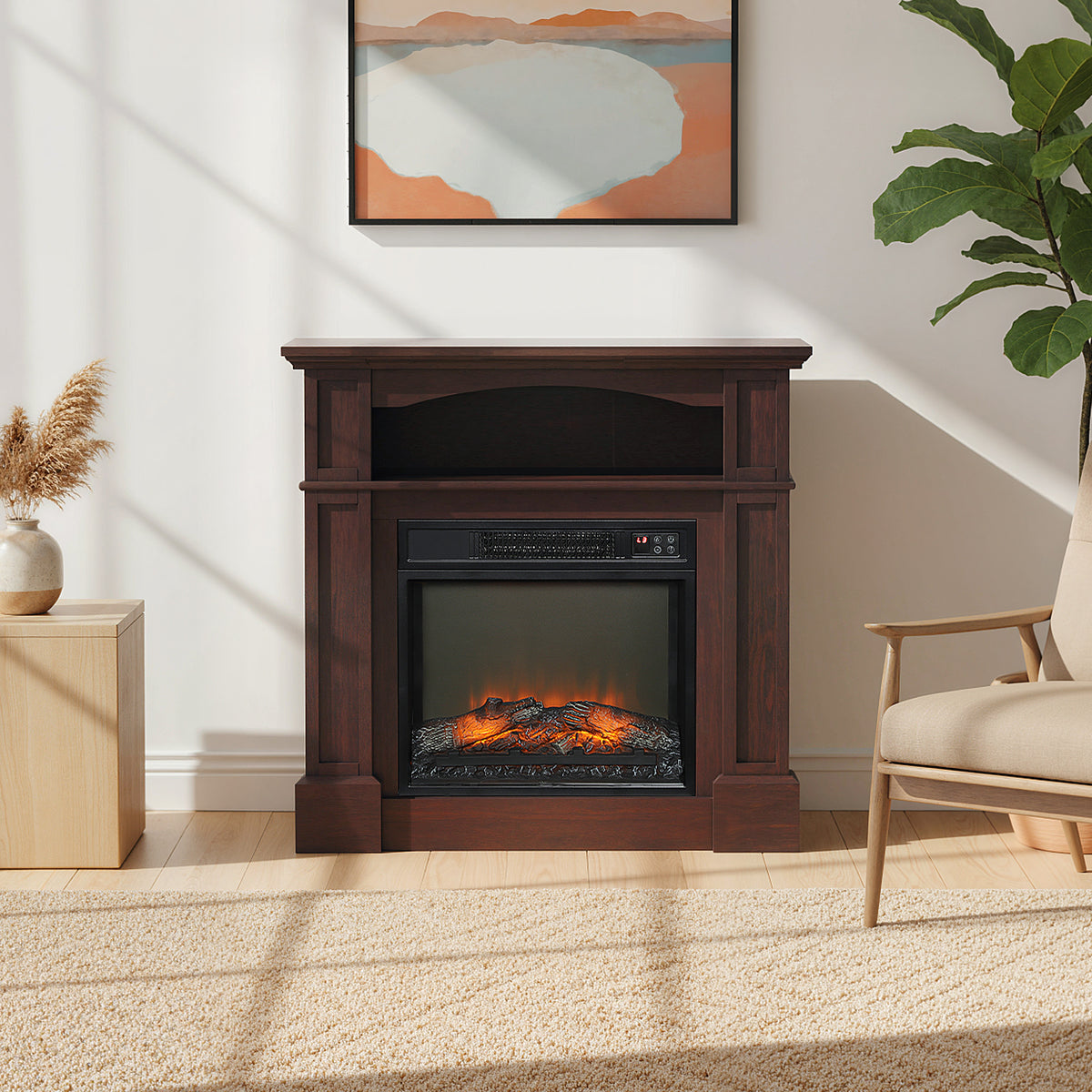 Cheminée électrique effet flammes LED luminosité réglable avec télécommande - 1800 W - 80,5 x 32,3 x 80,5 cm