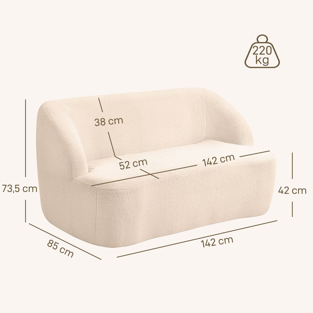 Canapé 2 places canapé en tissu bouclette 142 cm avec dossier et assise incurvés, aucun assemblage requis, beige