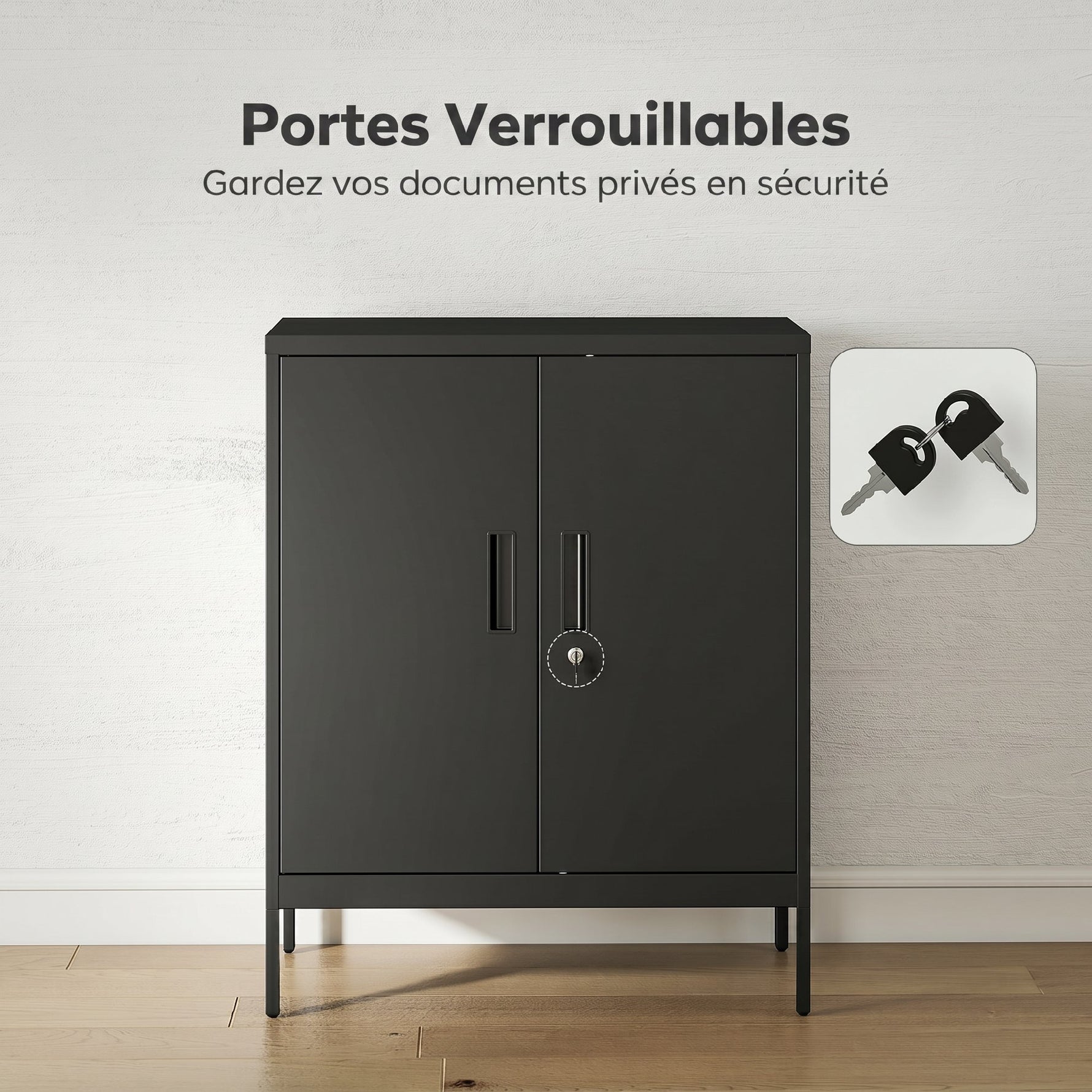 Armoire de Bureau Métallique, 80 x 40 x 100 cm, Meuble de Rangement, Serrure, 2 Portes et 2 Étagères Réglables, Noir