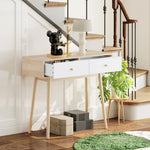 Table console avec 2 tiroirs et pieds en bois, pour salon, entrée, couloir, 86 x 35 x 75 cm, chêne et blanc