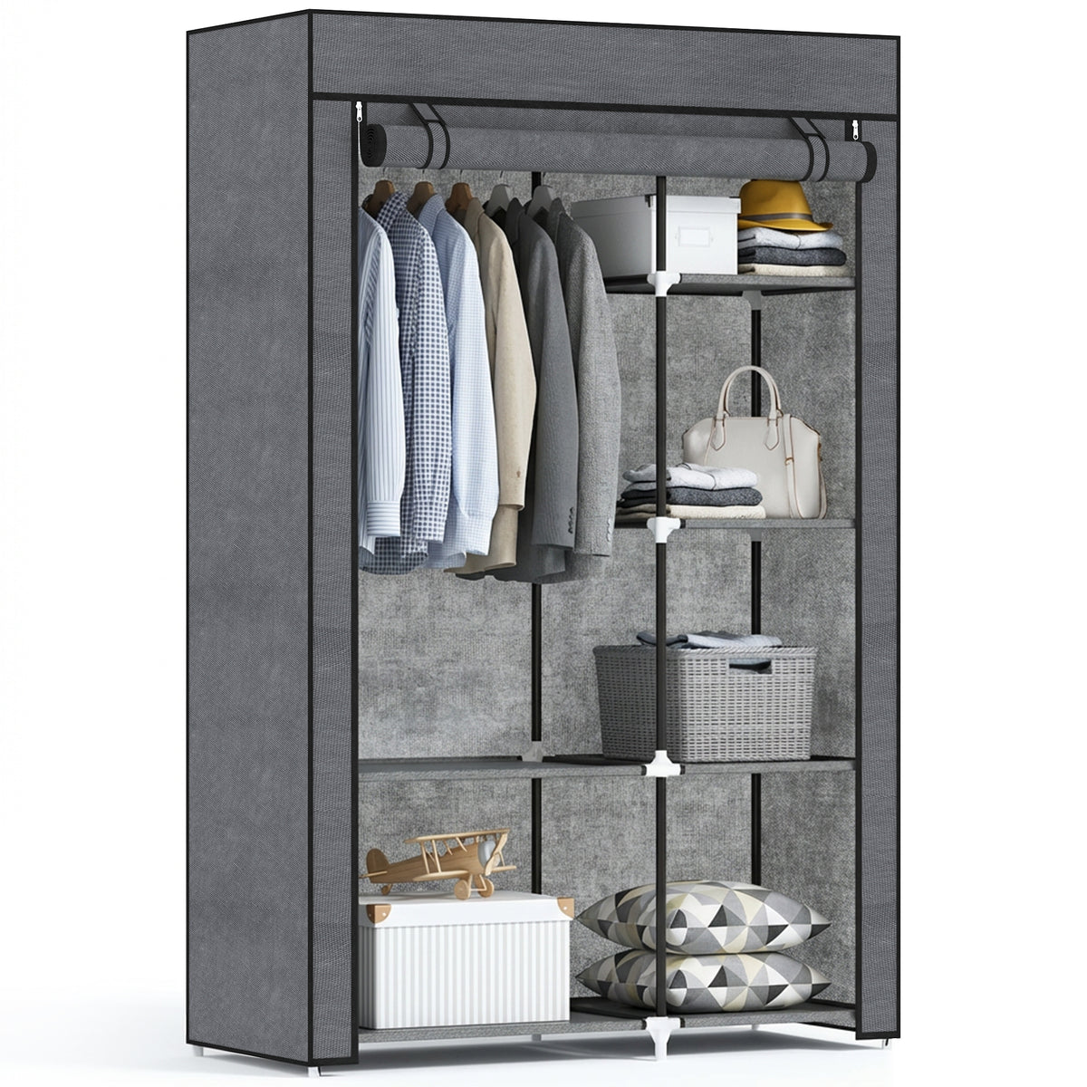 Armoire penderie multi-rangement - 6 étagères, 1 barre - non tissé gris