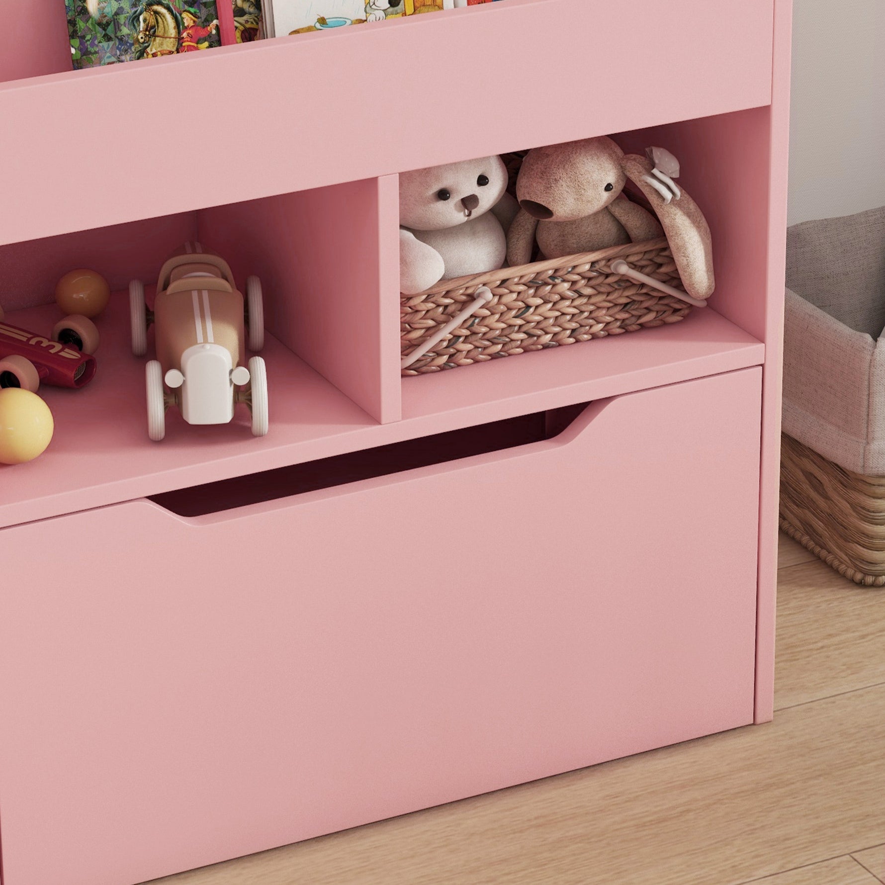 Bibliothèque étagère Multi-Rangement 3 étagères 2 niches Grand tiroir en bois Rose