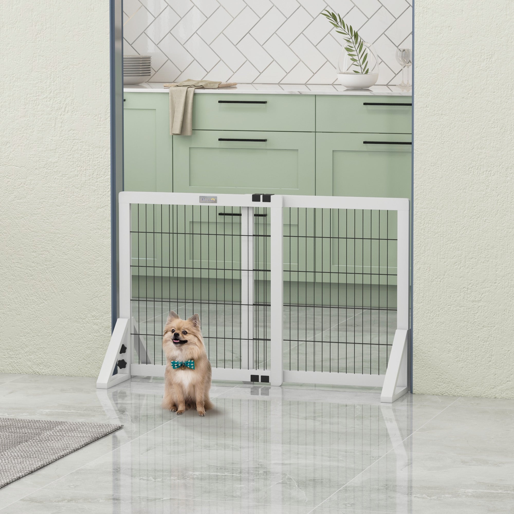 Cancelletto di sicurezza per cani, barriera di protezione a 2 pannelli, larghezza regolabile 63-106 cm, in legno e acciaio, bianco