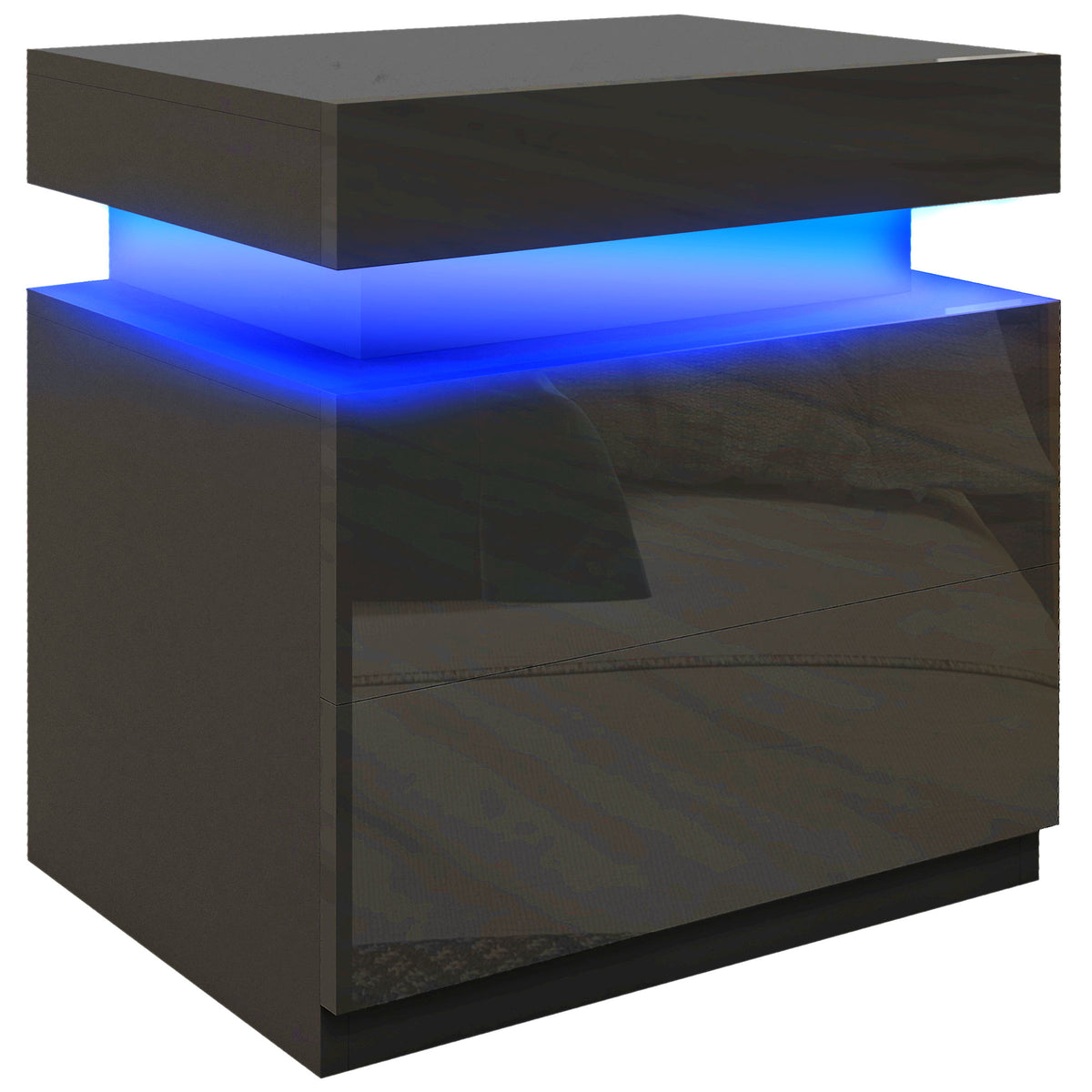 Comodino tavolino da notte con luce LED RGB, pannello lucido con 2 cassetti per soggiorno camera da letto nero