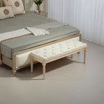 Banc Banquette classique capitonné 115cm bout de lit Rembourrée en lin - bois d'hévéa sculpté, patiné - crème