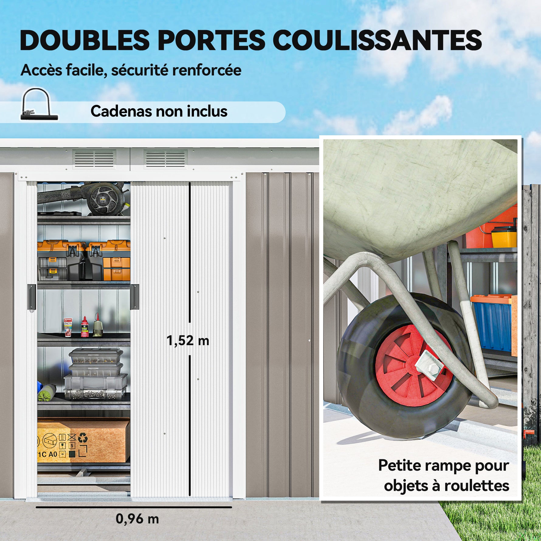Abri de jardin 3,6 m² remise à outils avec kit de fondation en acier galvanisé 280 x 130 x 172 cm, gris clair