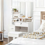 Ensemble de coiffeuse avec tabouret rembourré grand miroir + plusieurs étagères ouvertes + 4 tiroirs blanc
