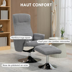 Fauteuil relax inclinable 135° pivotant 360° avec repose-pieds revêtement tissu gris