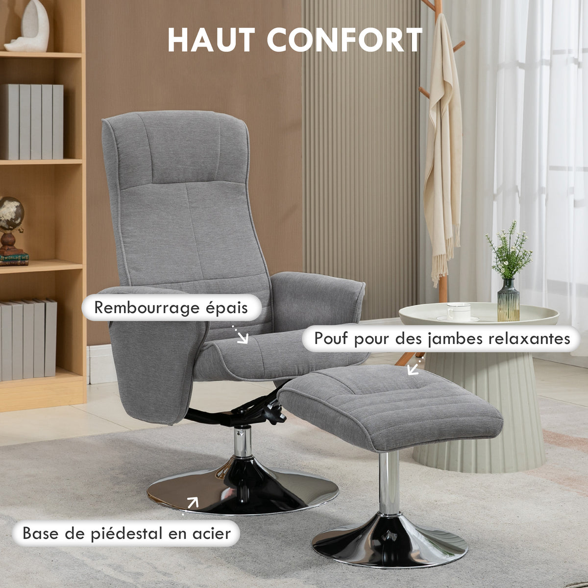 Fauteuil relax inclinable 135° pivotant 360° avec repose-pieds revêtement tissu gris