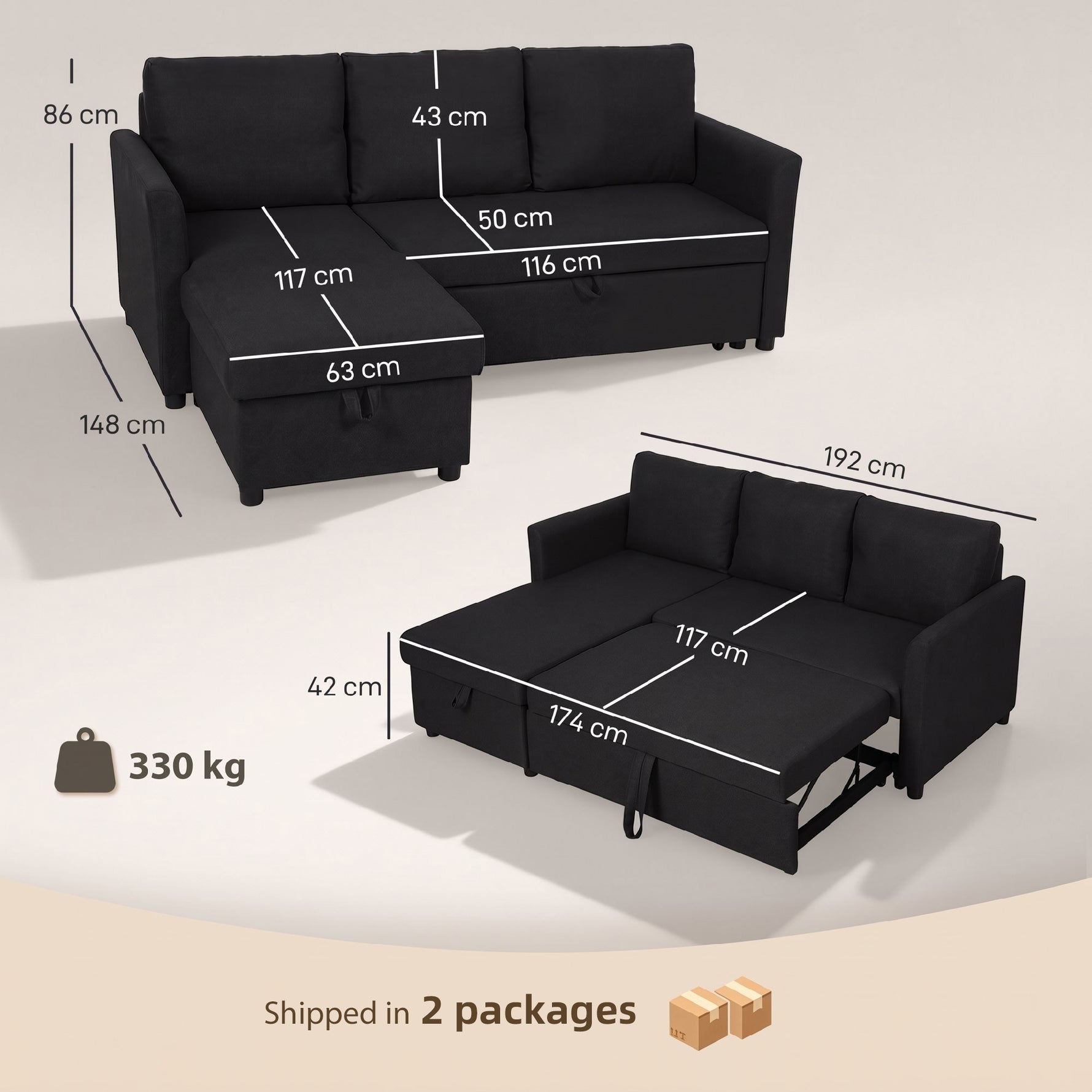 Canapé d'Angle Convertible, Canapé-Lit 3 Places 192 cm avec Méridienne Réversible, Rangement Caché, Gris Anthracite